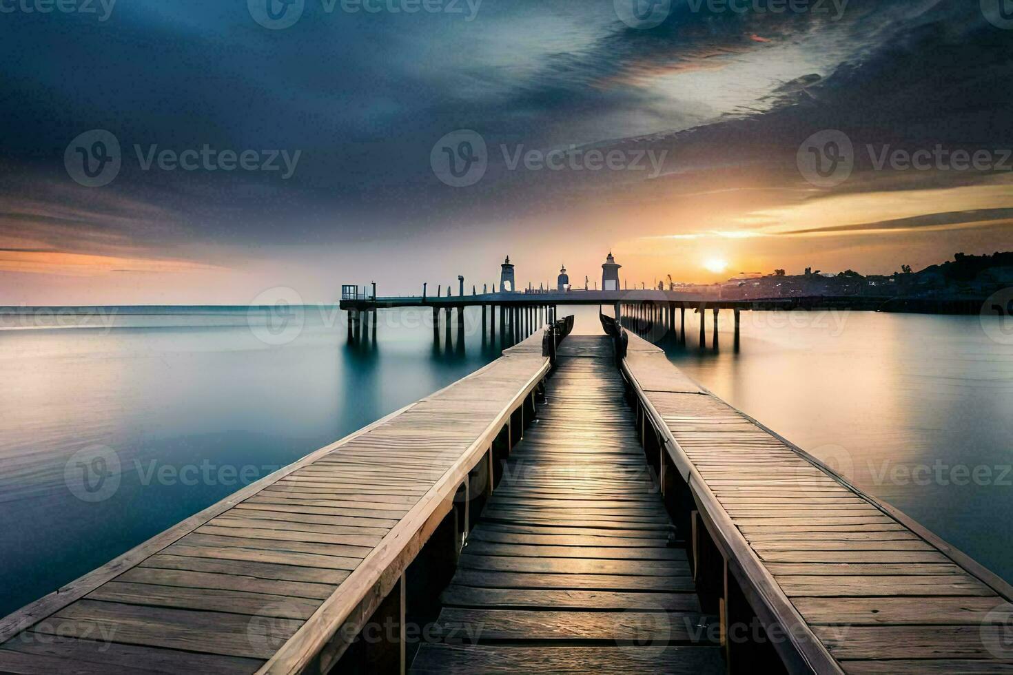 a pier with a long wooden boardwalk leading to the ocean. AI-Generated photo