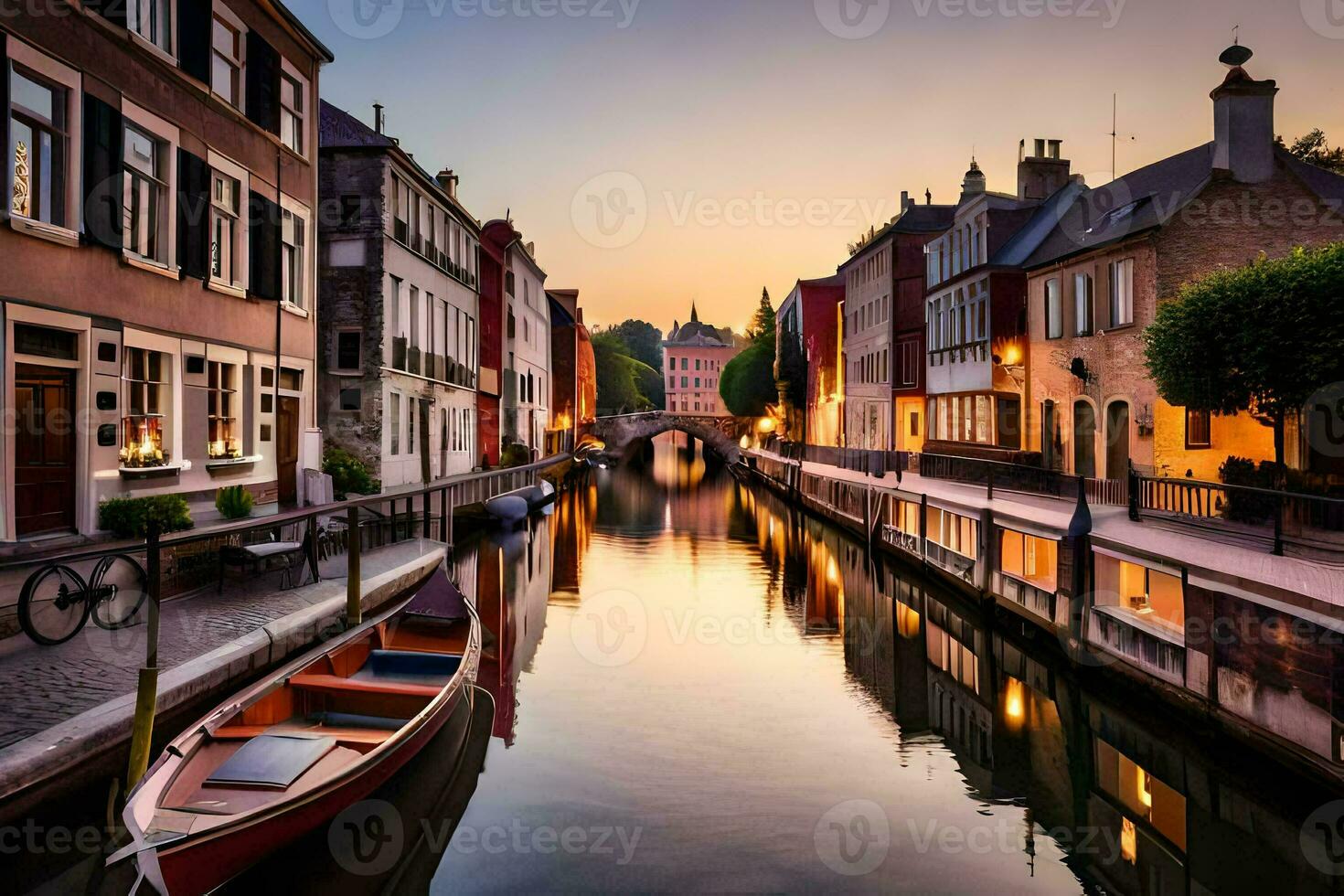 un canal en un ciudad a puesta de sol con barcos generado por ai foto