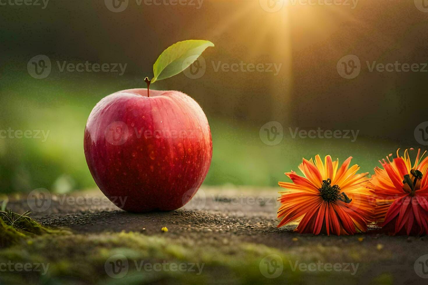 an apple and flowers on a table with the sun shining. AI-Generated photo