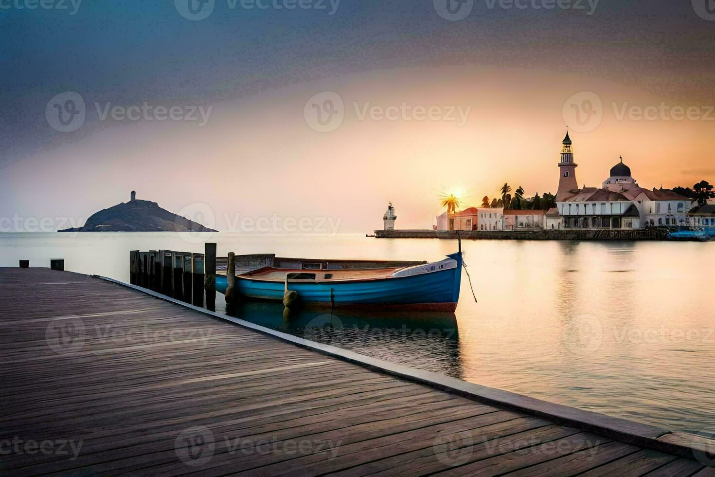 a boat sits on the dock at sunset. AI-Generated photo