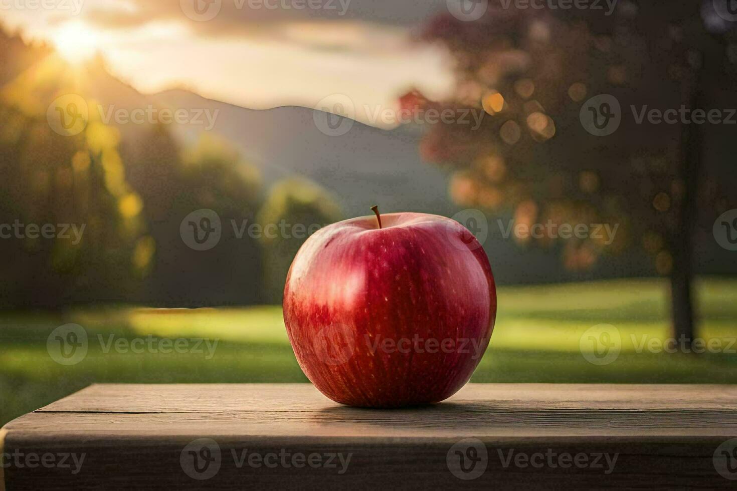 an apple sits on a wooden table in front of a field. AI-Generated photo