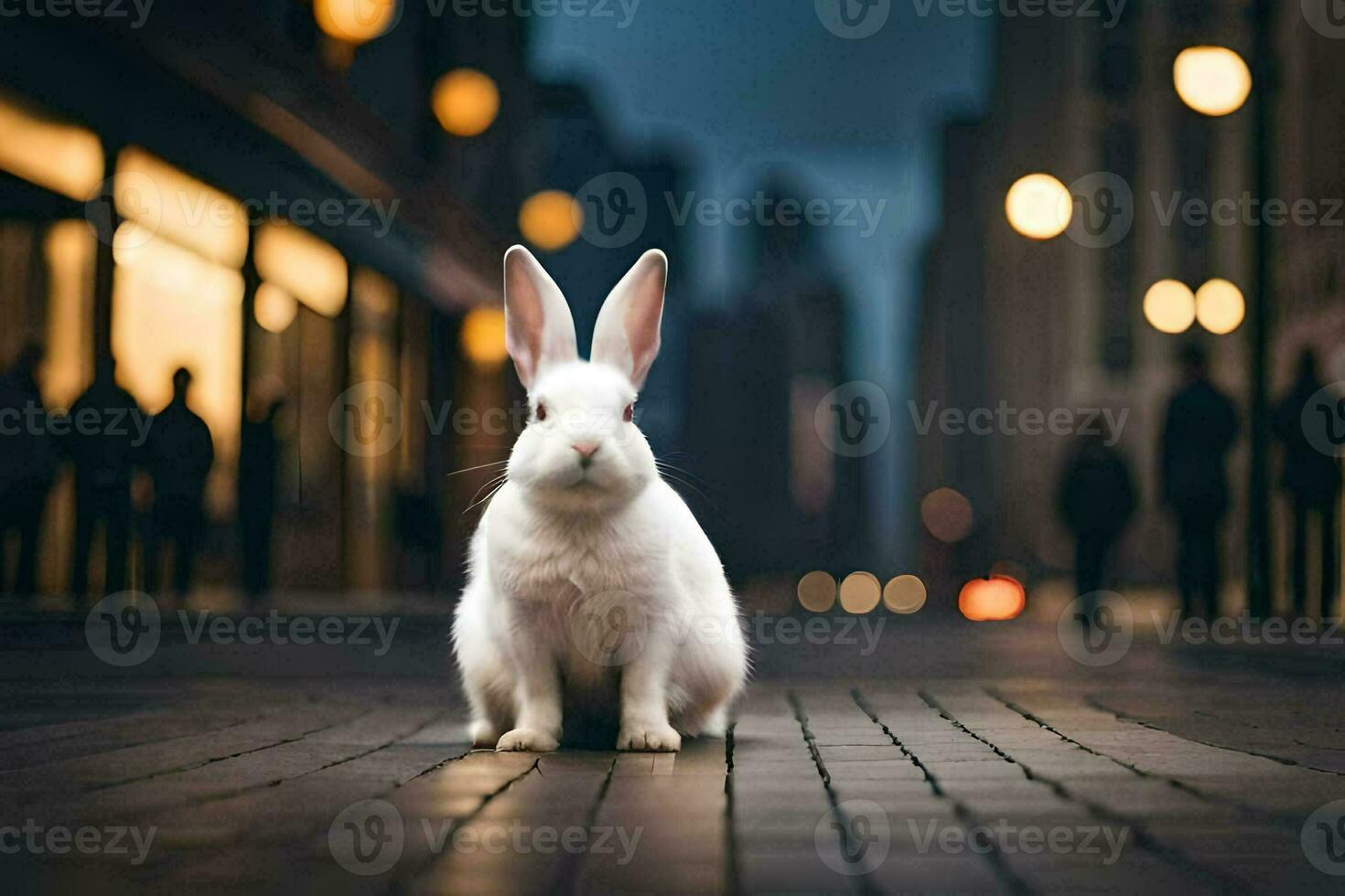 a white rabbit sitting on the ground in a city. AI-Generated photo