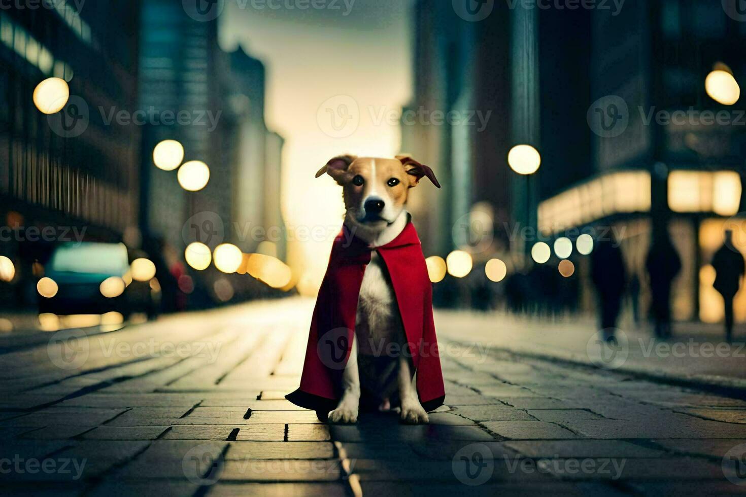 a dog wearing a red cape on a city street. AI-Generated photo