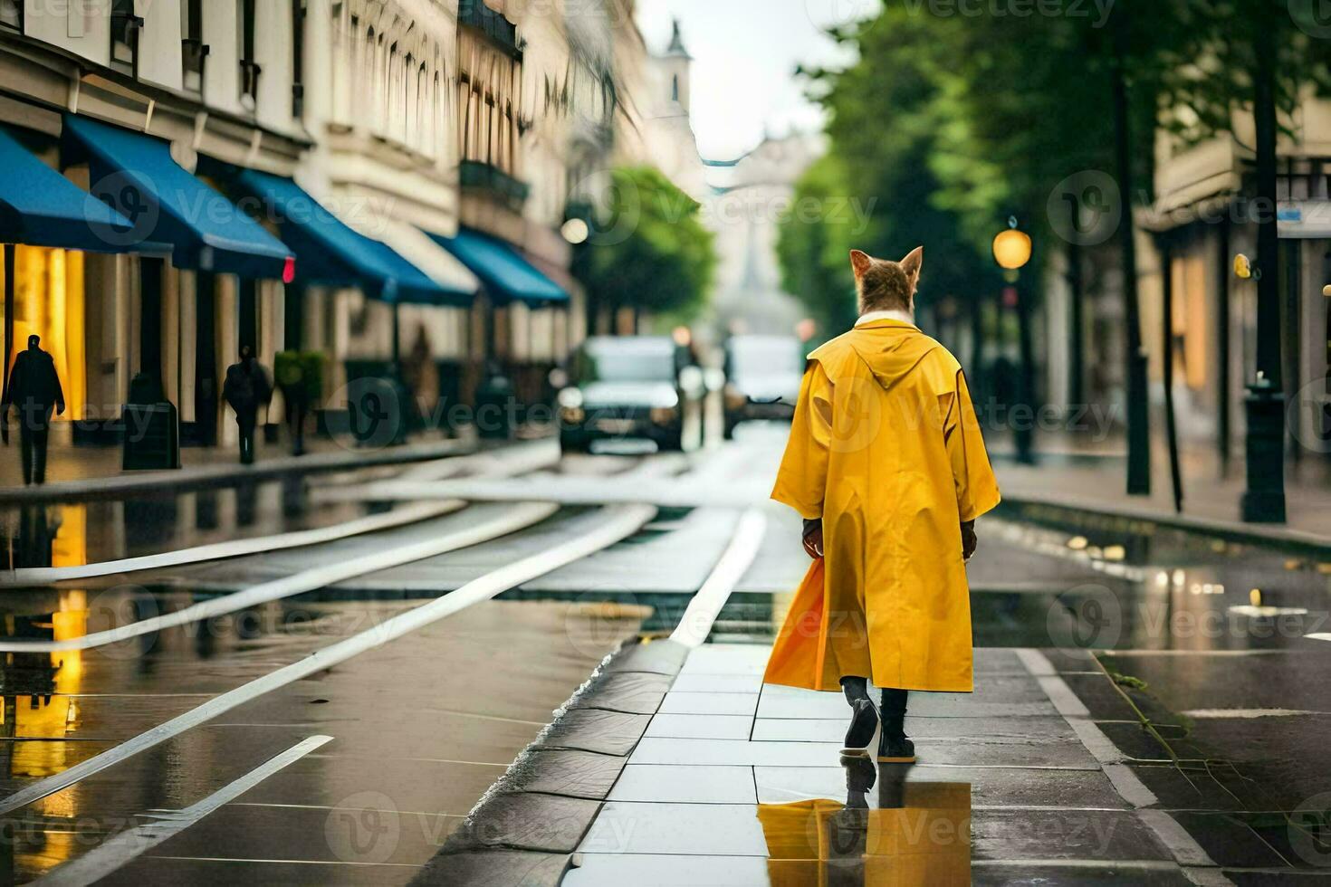 a fox in a yellow raincoat walking down a street. AI-Generated photo