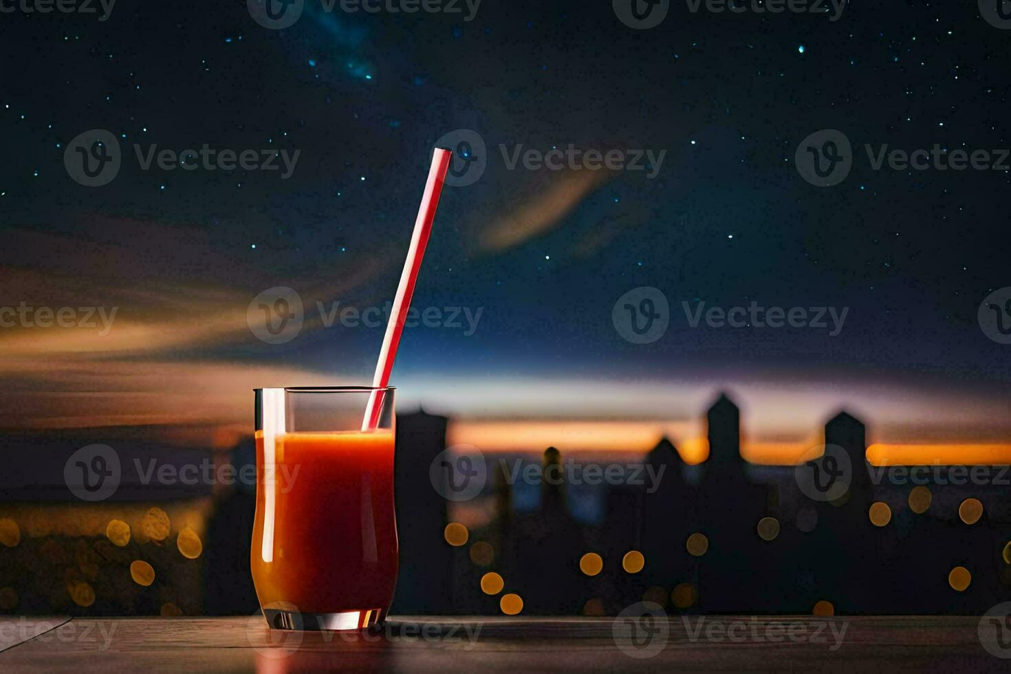 a glass of juice with a straw on a table in front of a cityscape. AI-Generated photo