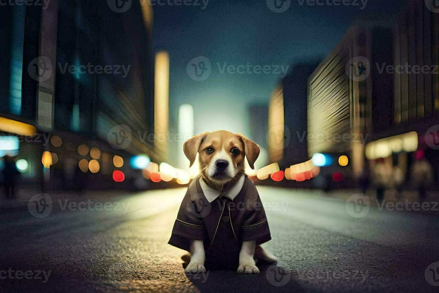 a dog in a suit sitting on the street at night. AI-Generated photo