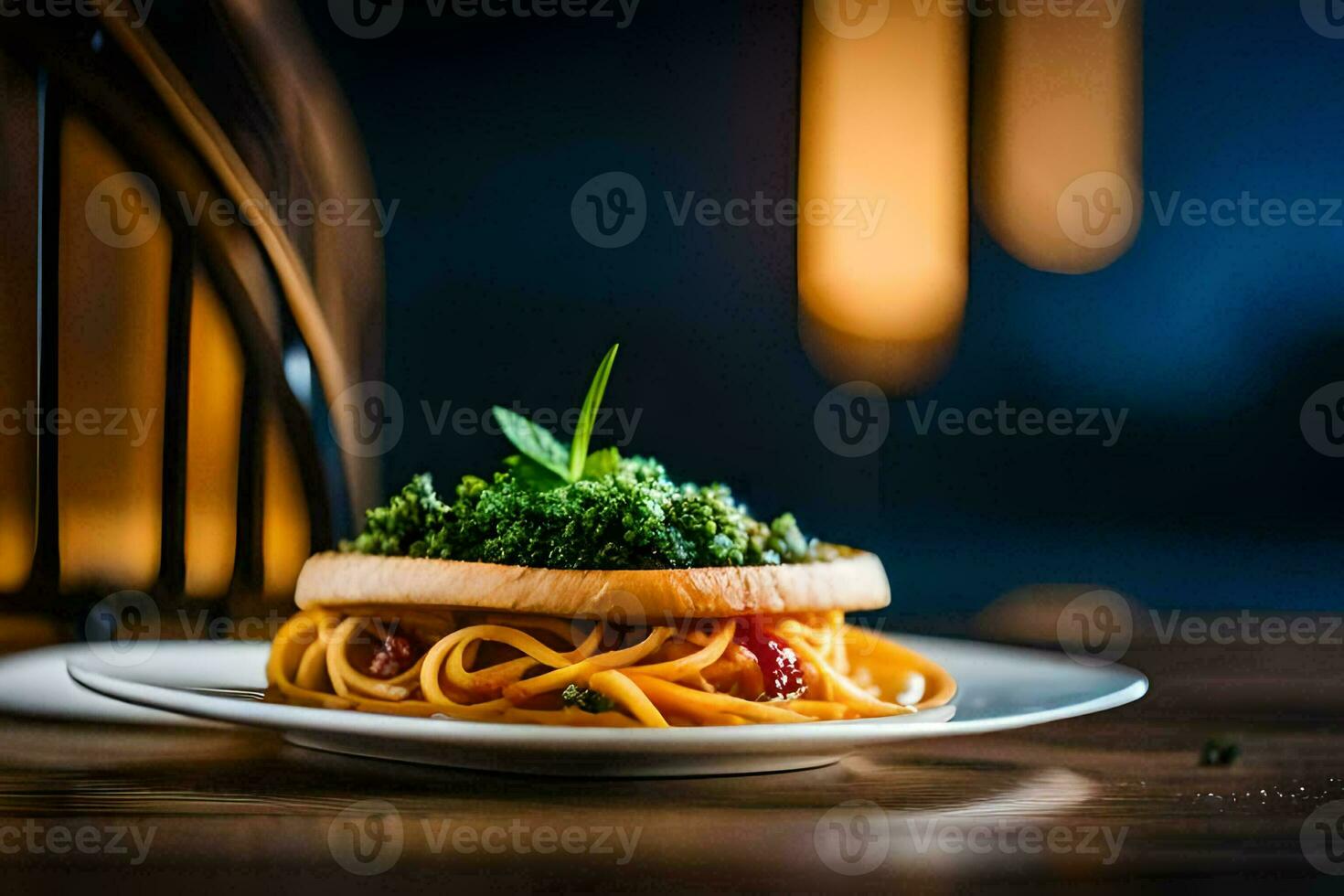 a sandwich with pasta and spinach on a white plate. AI-Generated photo