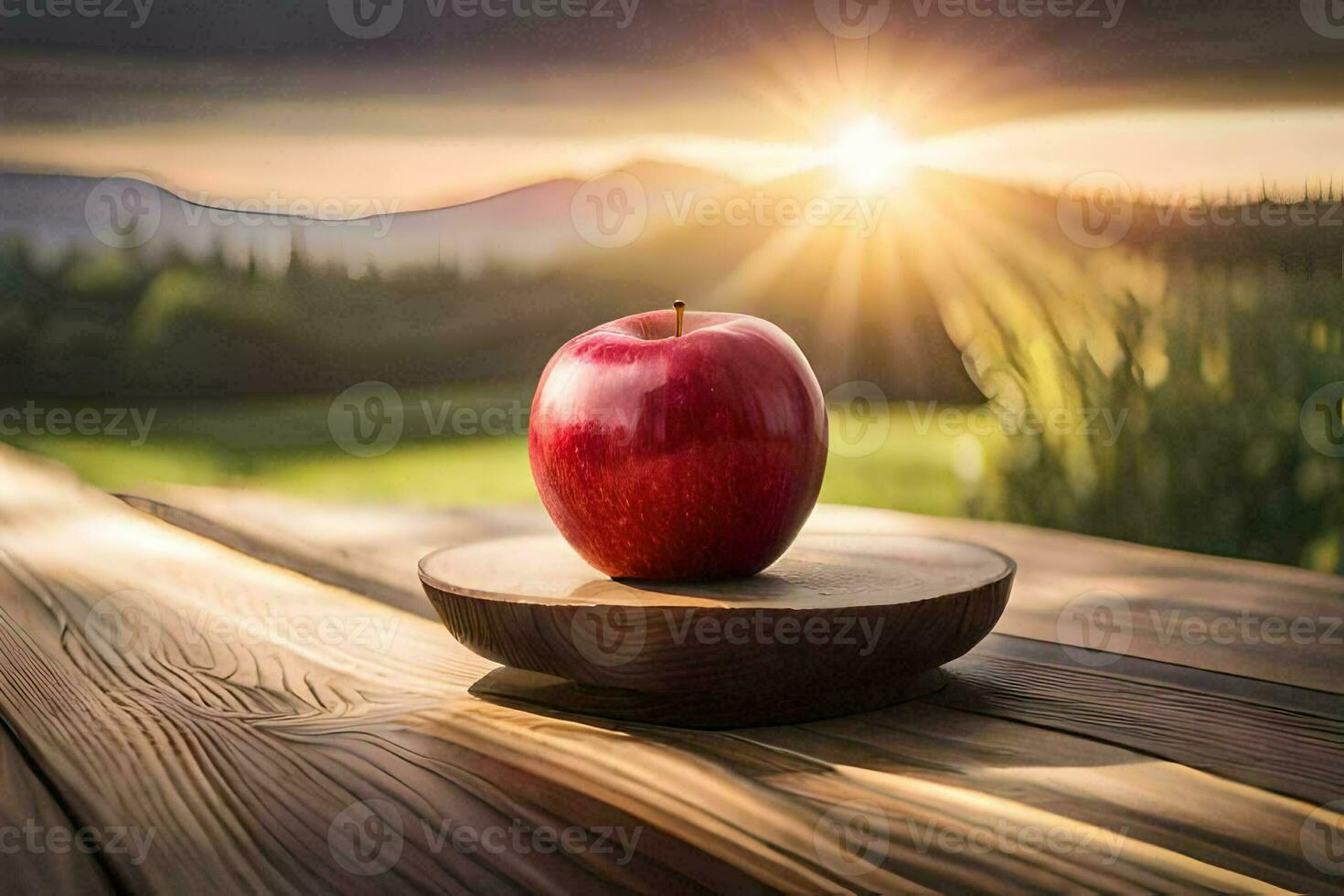an apple sits on a wooden table in front of a sunset. AI-Generated photo