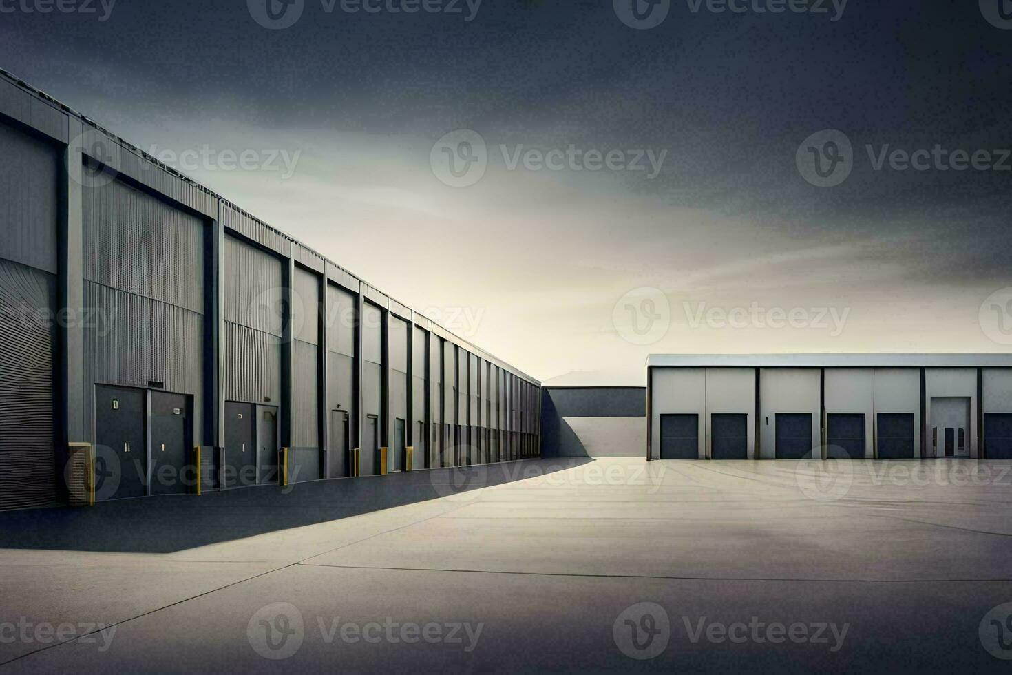 a large warehouse with a dark sky in the background. AI-Generated photo