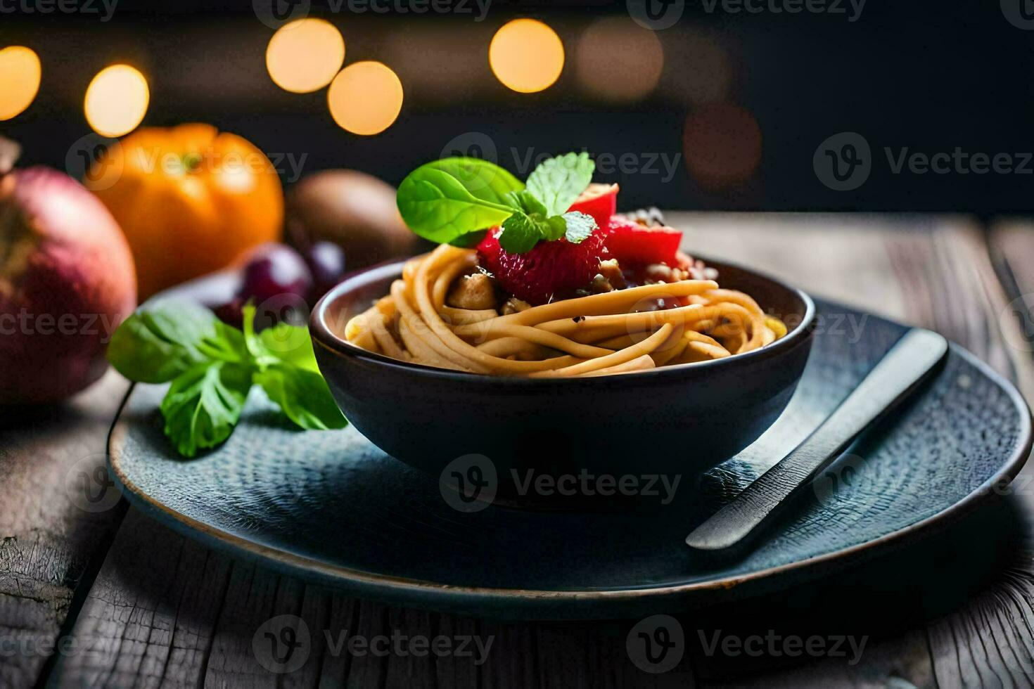 pasta con tomate y albahaca en un lámina. generado por ai foto