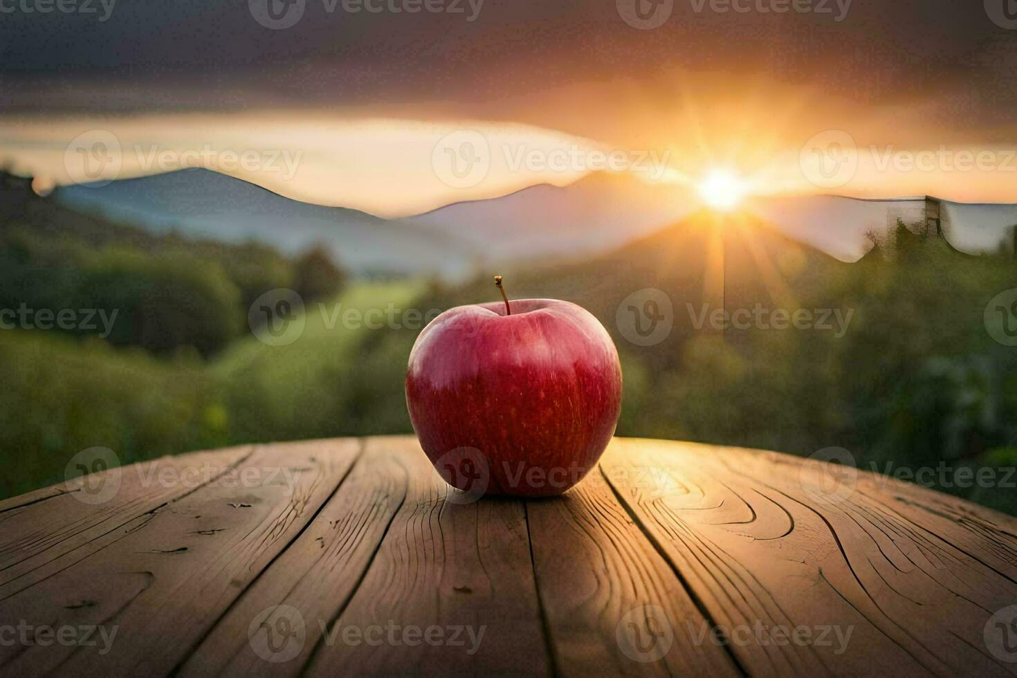 an apple sits on a wooden table in front of a sunset. AI-Generated photo