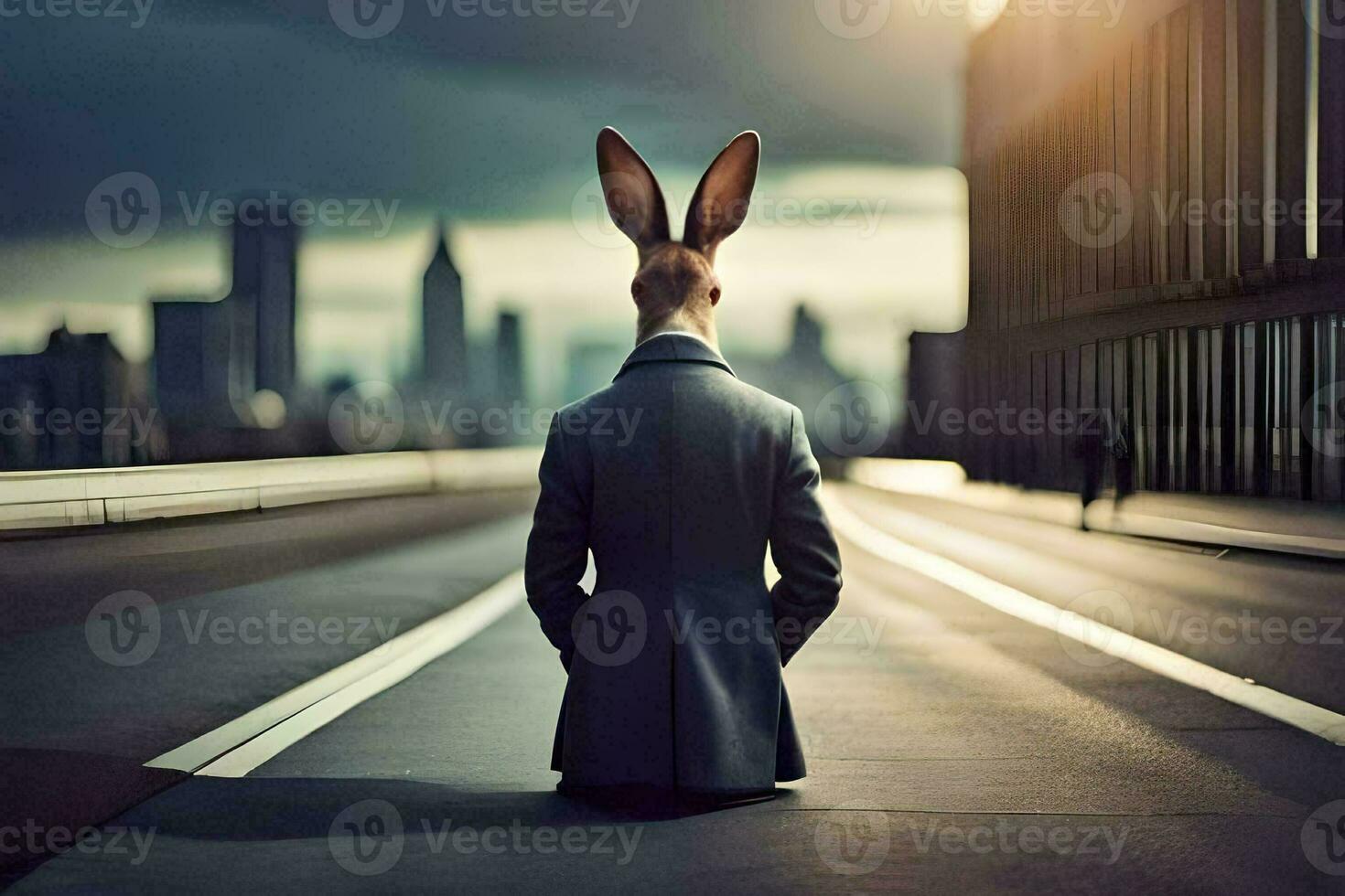 a rabbit in a suit sitting on the road. AI-Generated photo