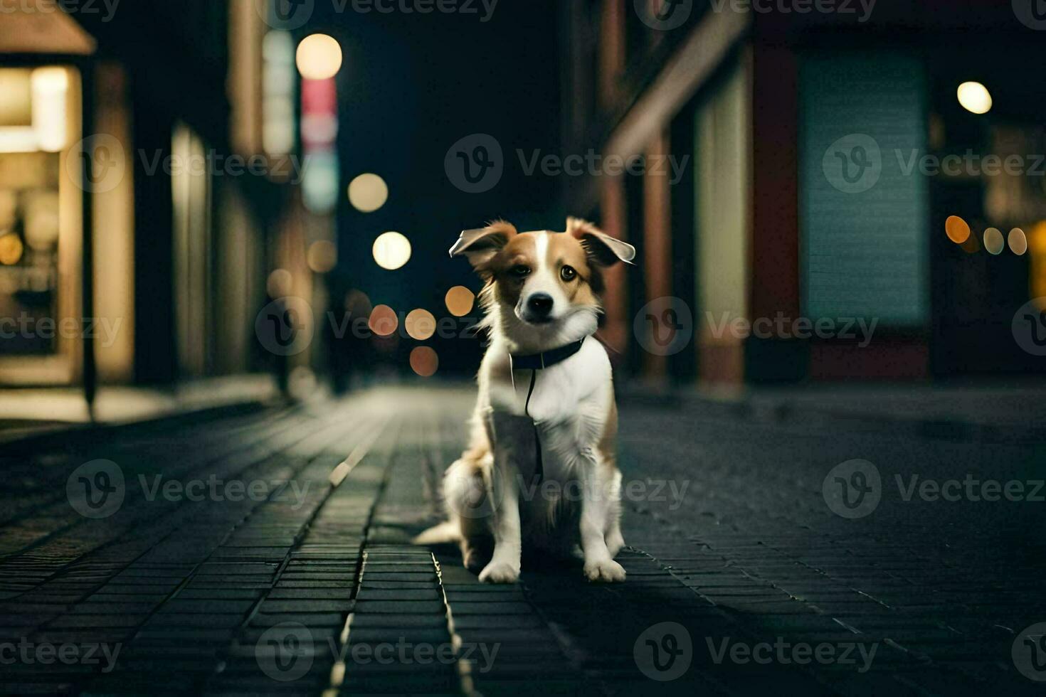 a dog sitting on the street at night. AI-Generated photo