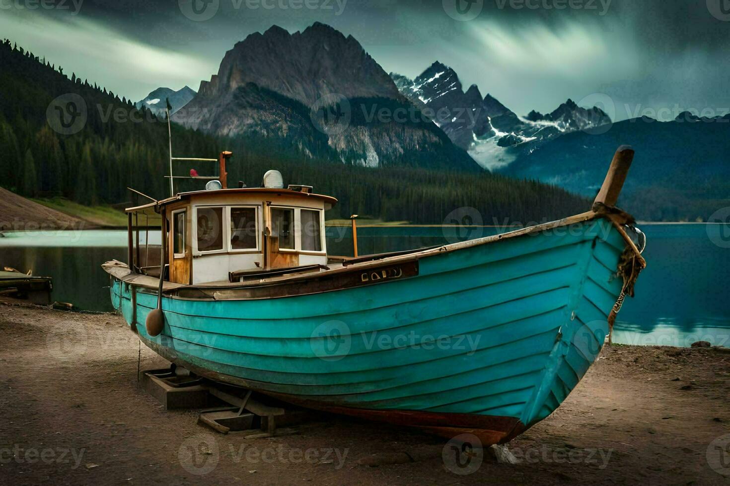 a boat sits on the shore of a lake. AI-Generated photo