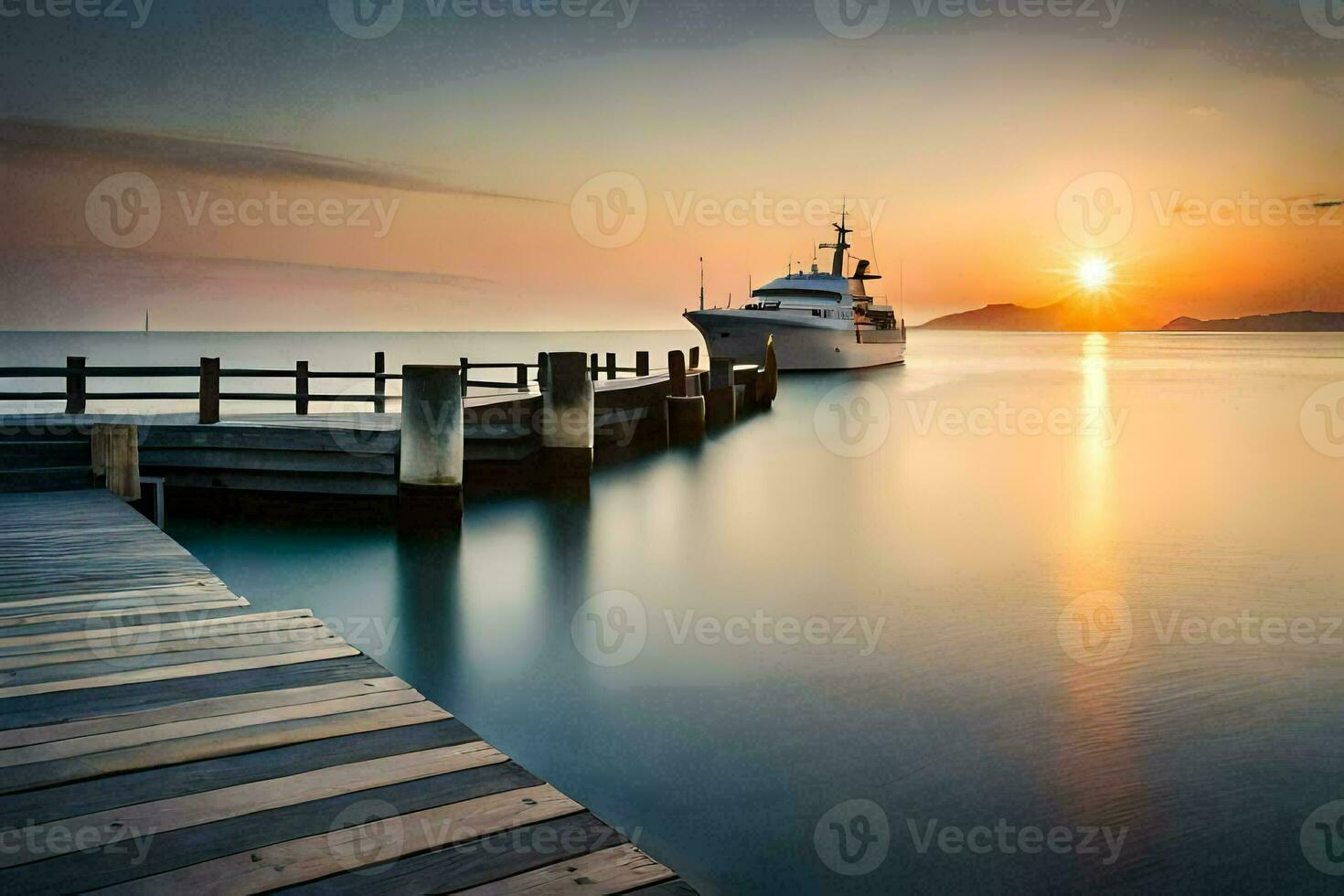 a boat docked at the end of a pier at sunset. AI-Generated photo