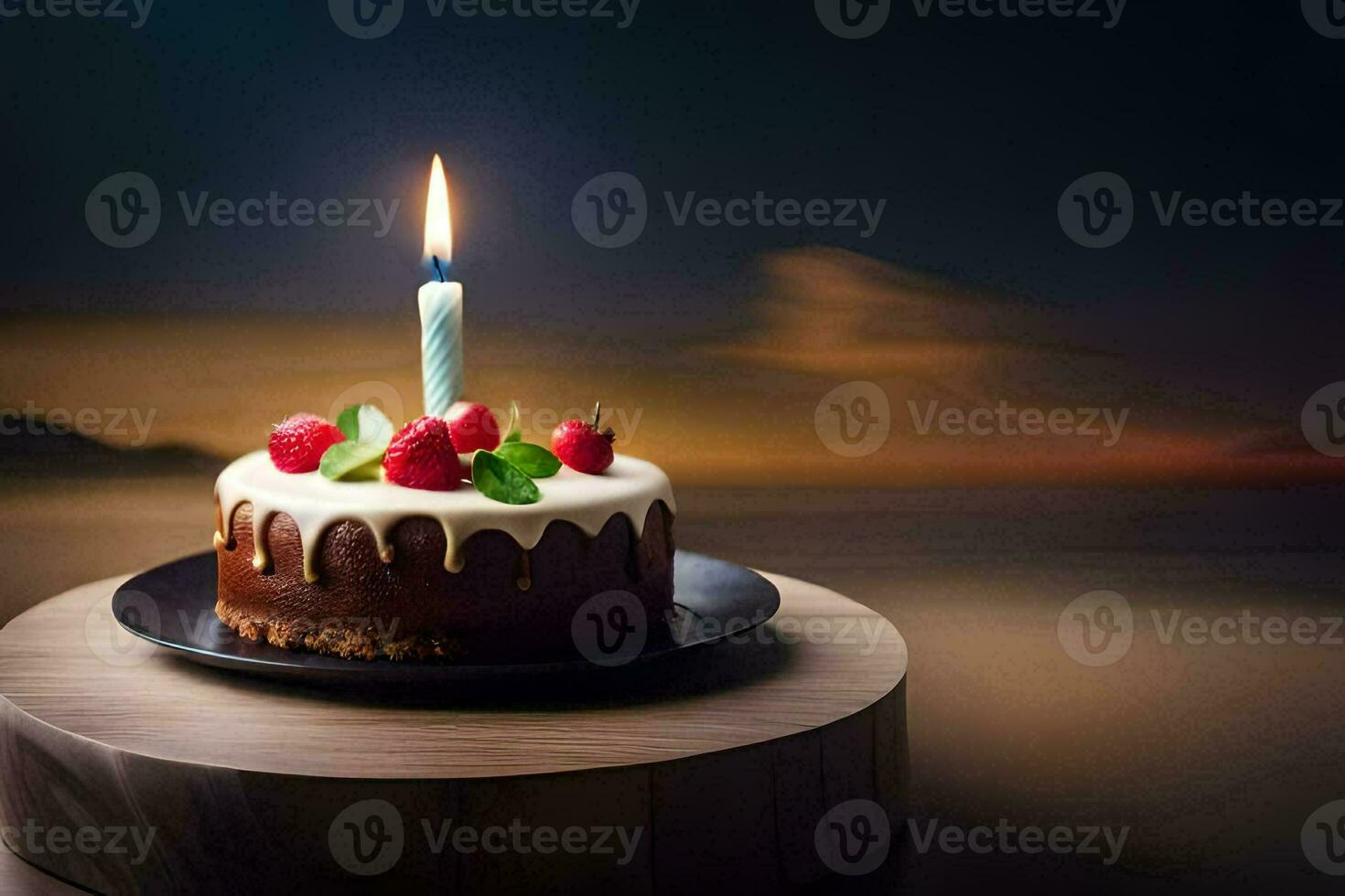 a birthday cake with a single candle on top. AI-Generated photo