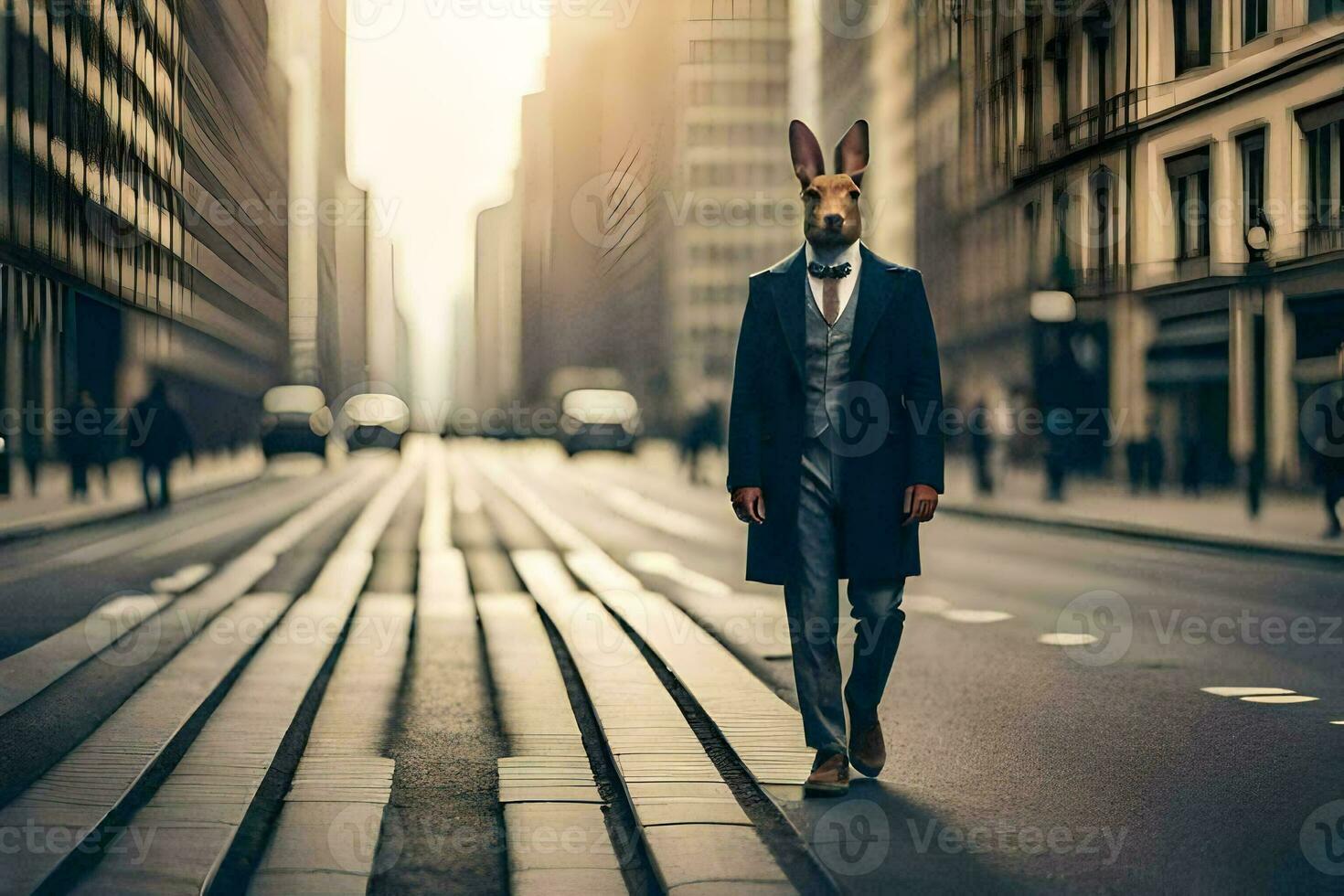 a man wearing a rabbit head walking down a city street. AI-Generated photo