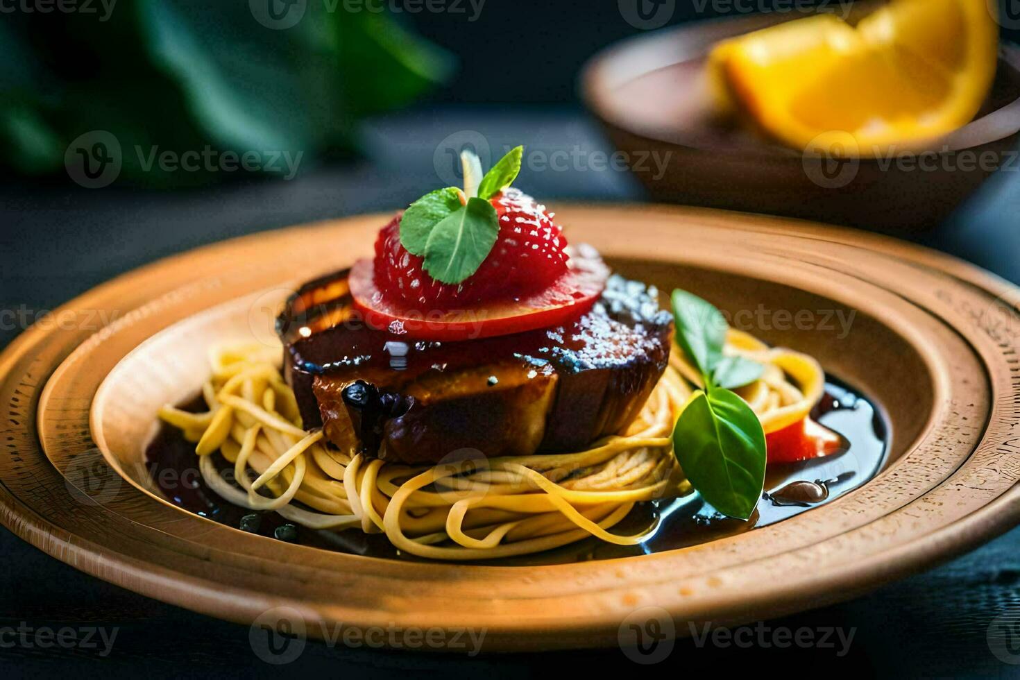 a plate of spaghetti with meat and strawberries. AI-Generated photo