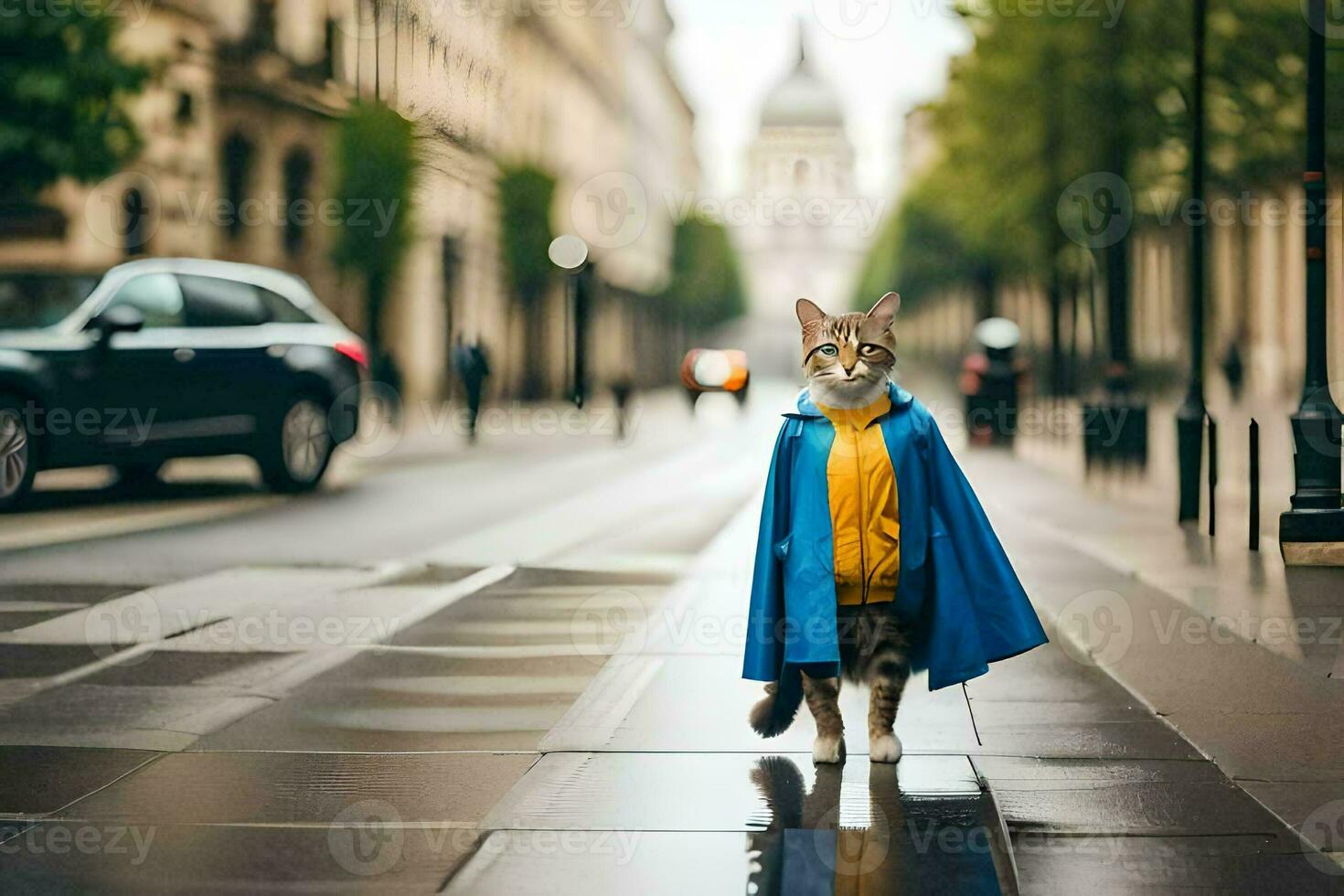 a cat wearing a blue cape and yellow jacket on a rainy street. AI-Generated photo