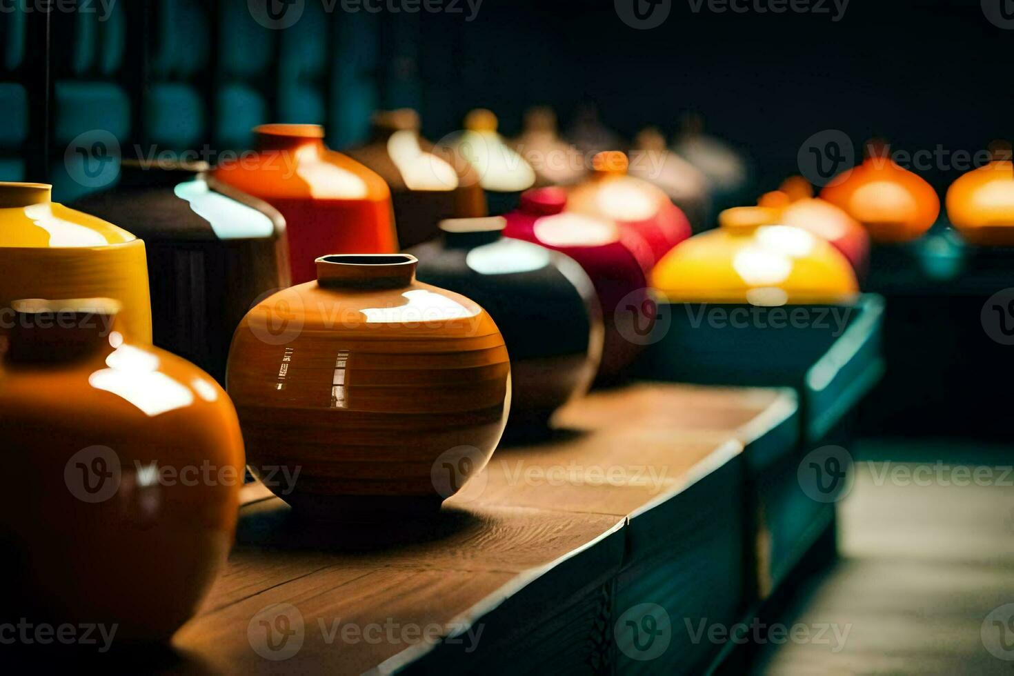 a row of colorful vases on a shelf. AI-Generated photo
