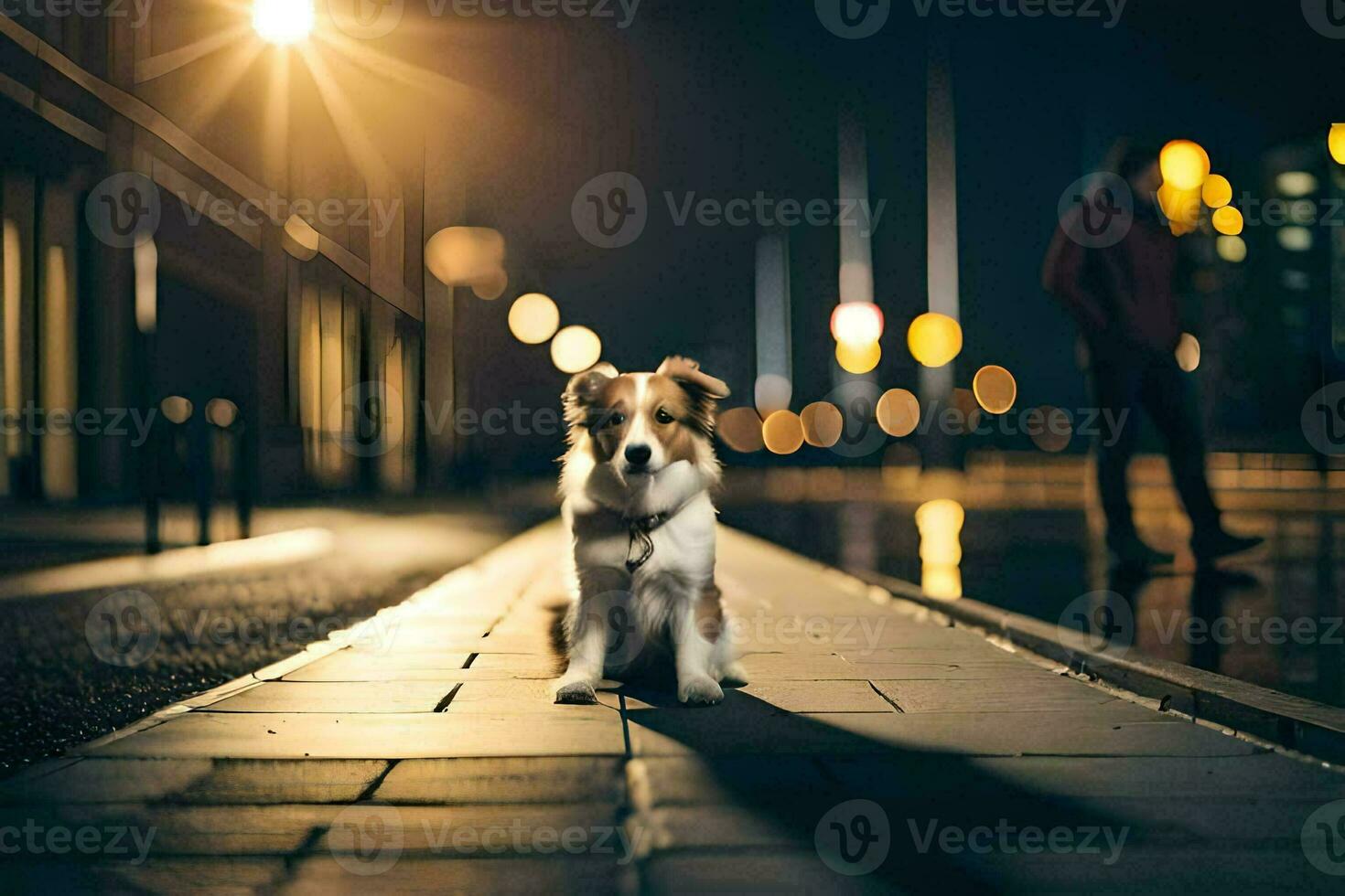 a dog sitting on the sidewalk at night. AI-Generated photo