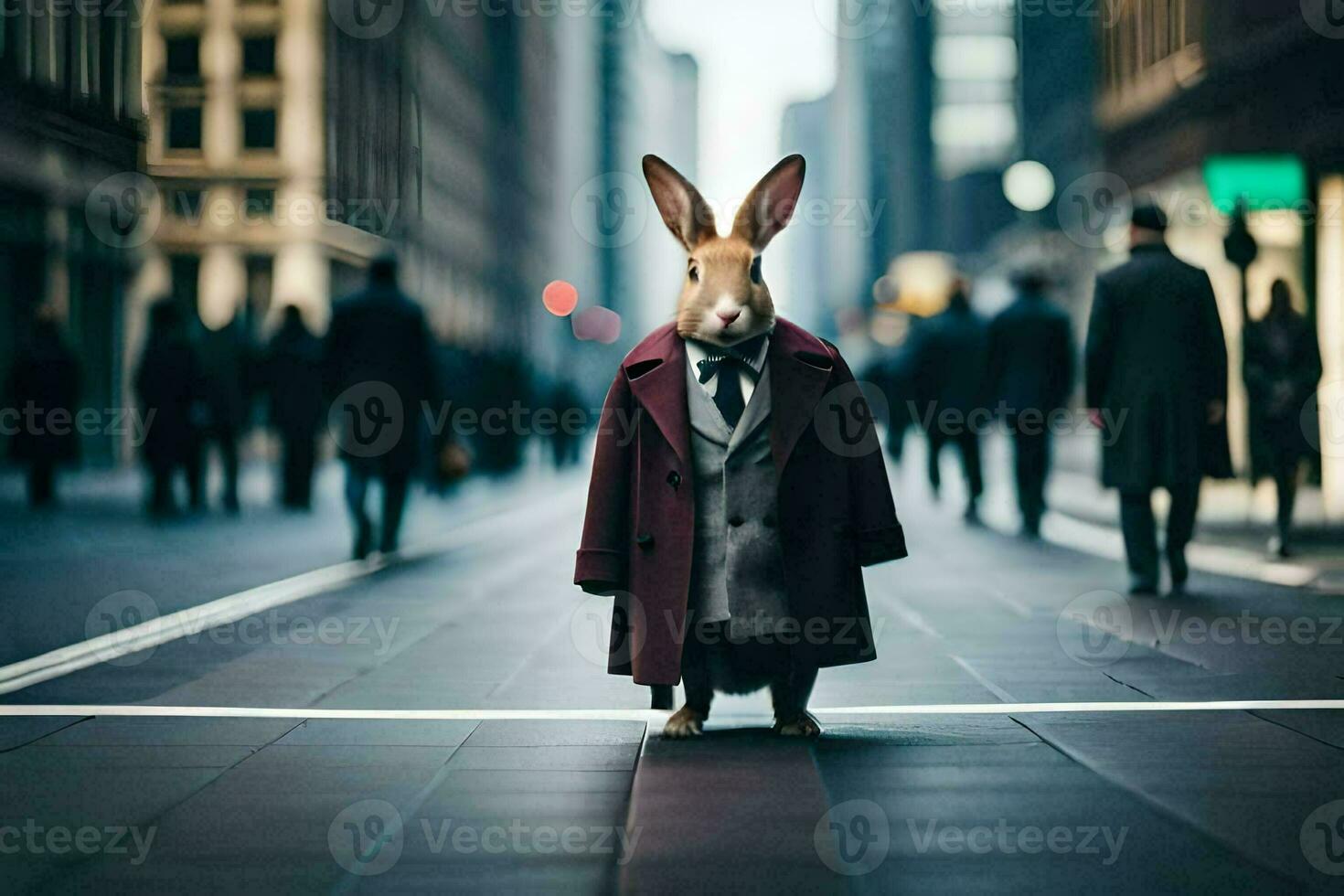 a rabbit dressed in a suit and tie standing on a city street. AI-Generated photo