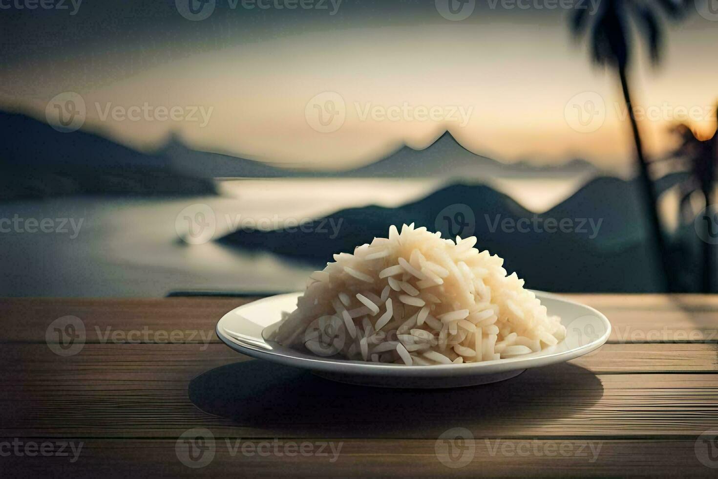 rice on a plate in front of the sunset. AI-Generated photo