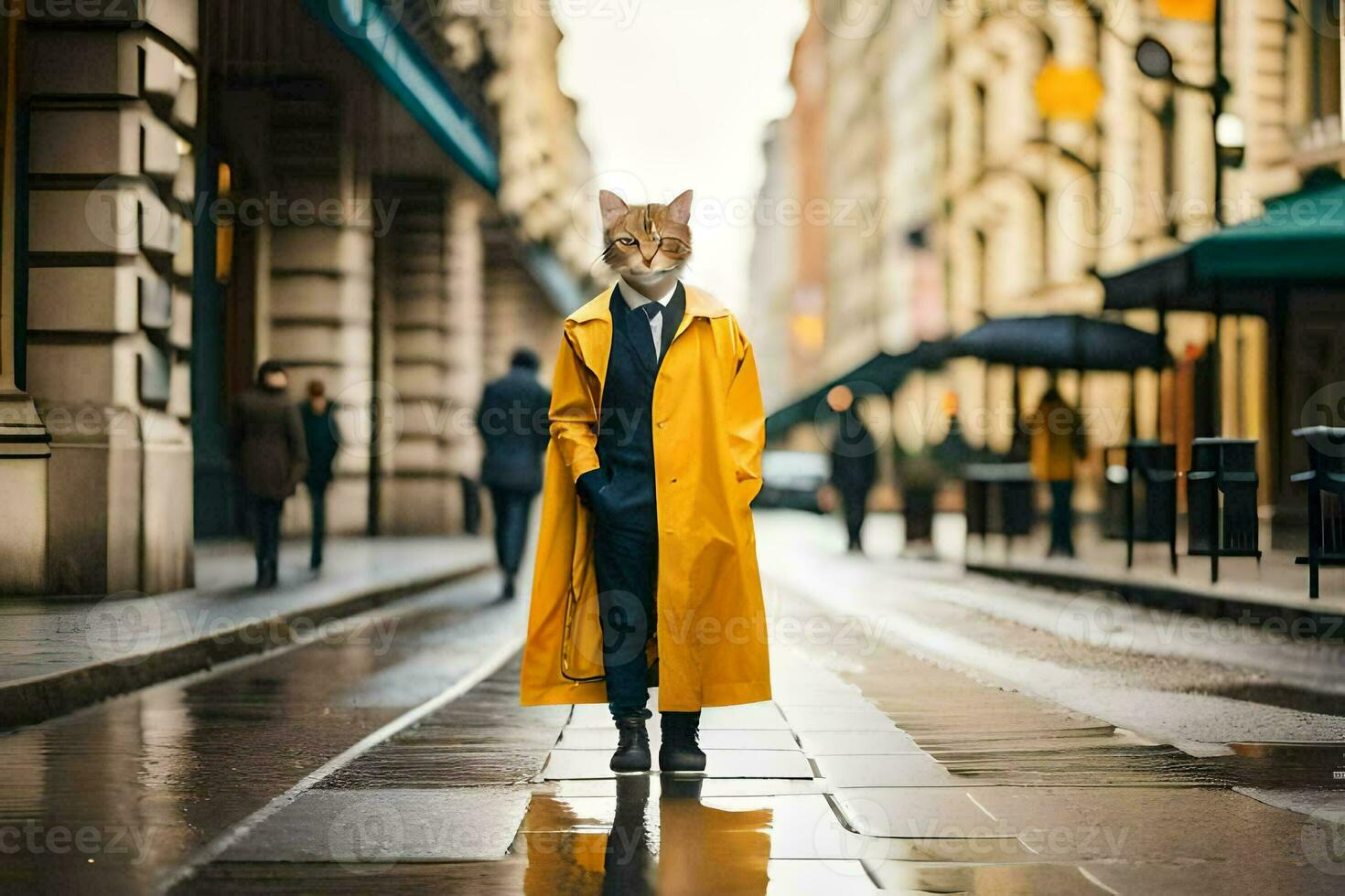 a fox wearing a yellow coat and tie on a rainy day. AI-Generated photo