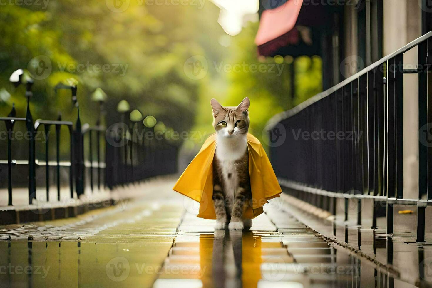 a cat wearing a yellow raincoat walking down a street. AI-Generated photo