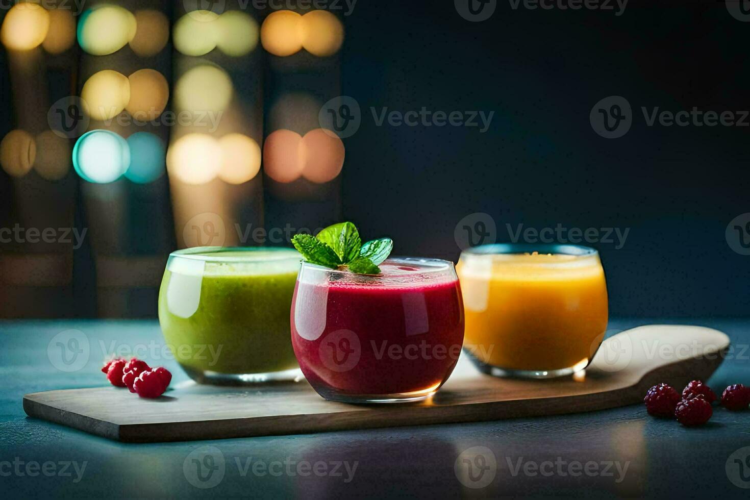 three different juices on a wooden tray. AI-Generated photo