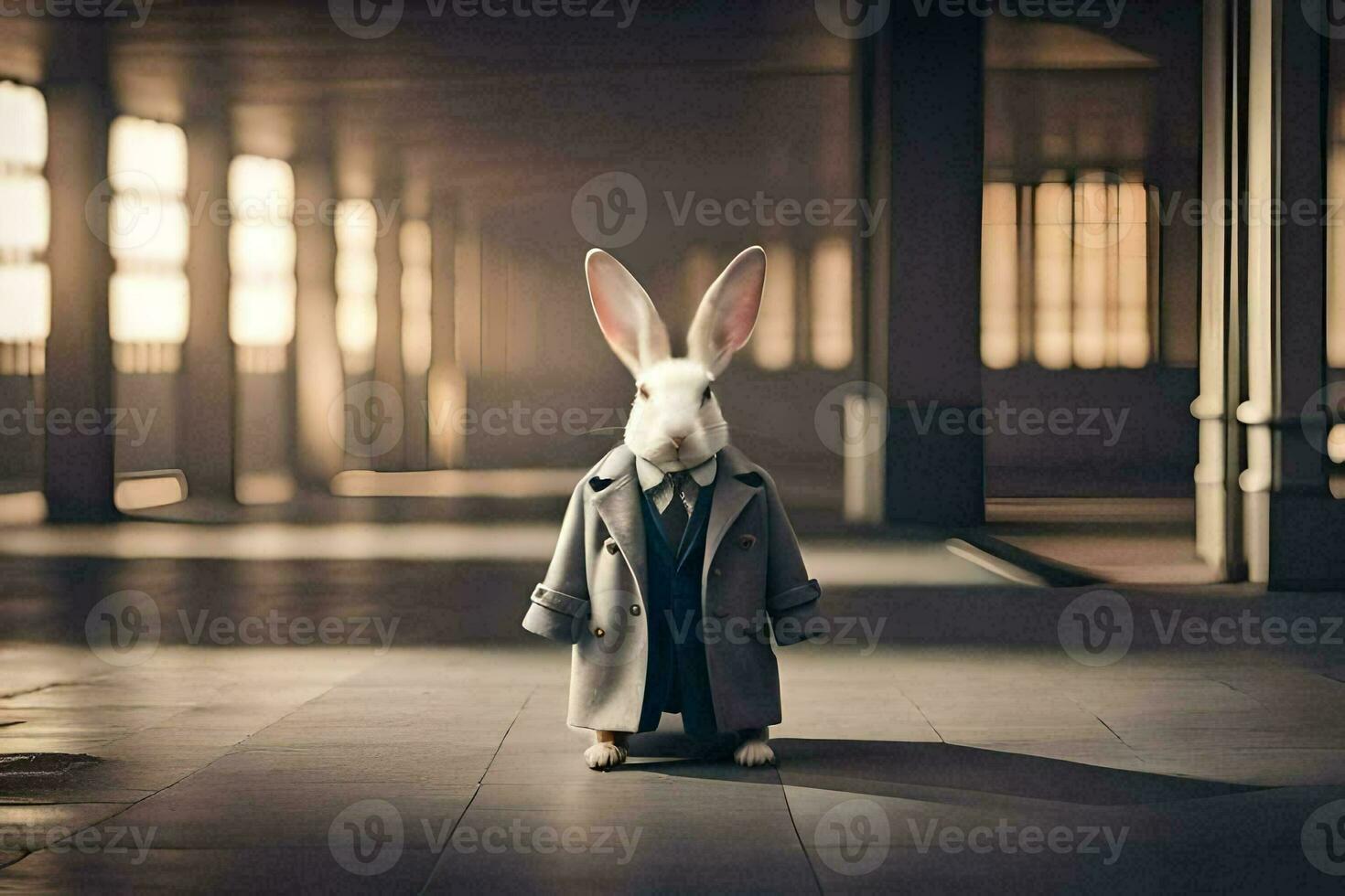 a rabbit in a suit and tie stands in an empty room. AI-Generated photo