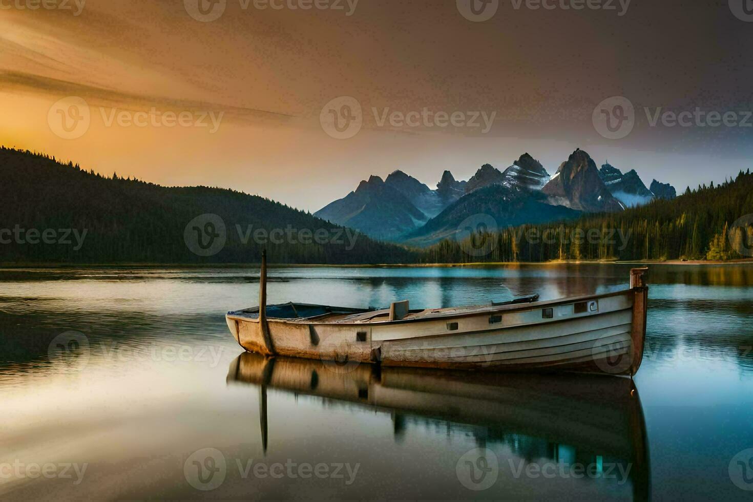 a boat sits on the water at sunset in front of mountains. AI-Generated photo