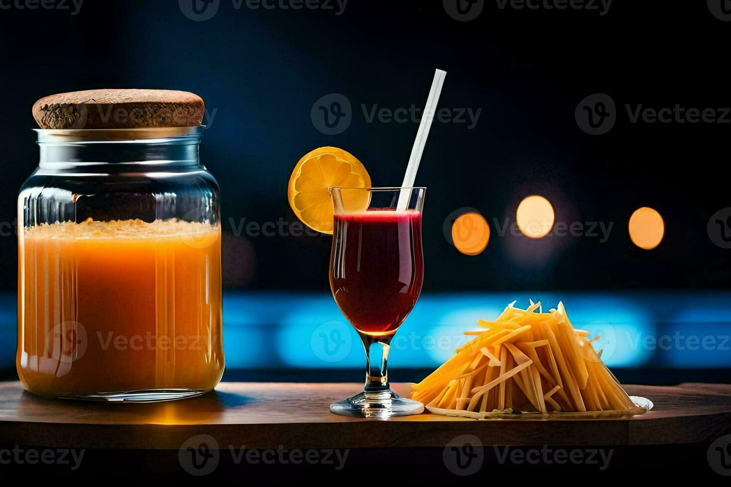 un vaso de naranja jugo y un tarro de espaguetis. generado por ai foto