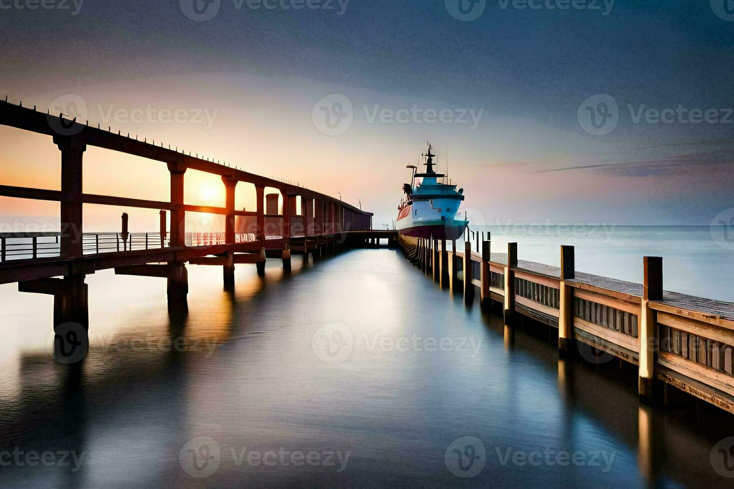 a boat docked at the end of a pier at sunset. AI-Generated photo