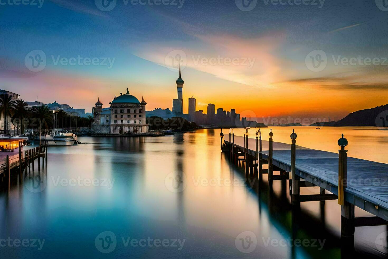 the sun sets over the city skyline and a dock. AI-Generated photo