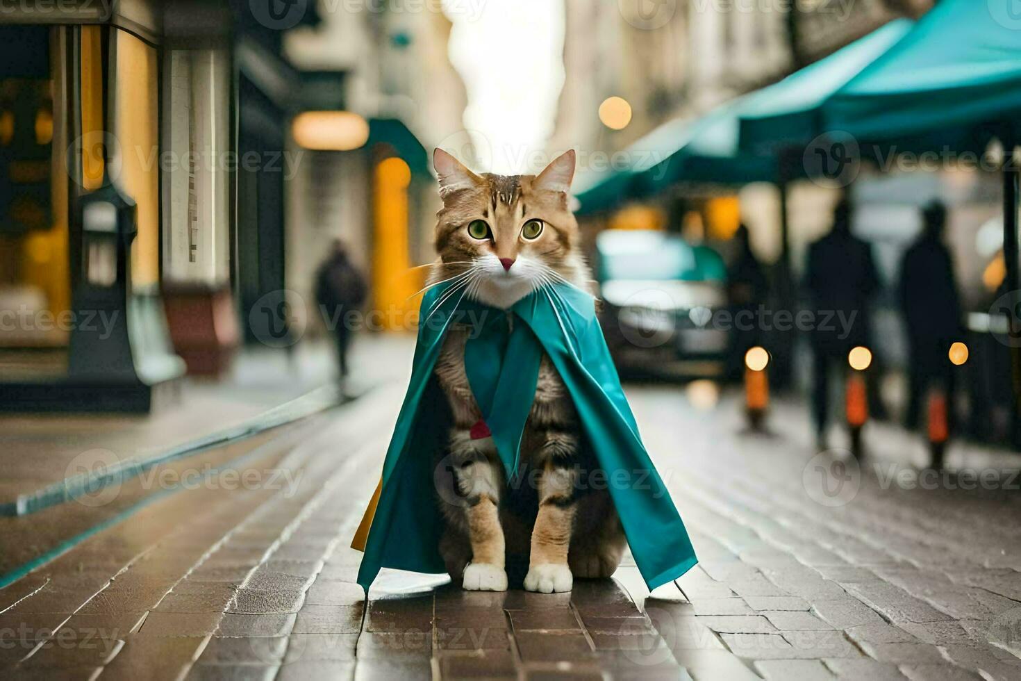 a cat dressed as a superhero standing on a street. AI-Generated photo