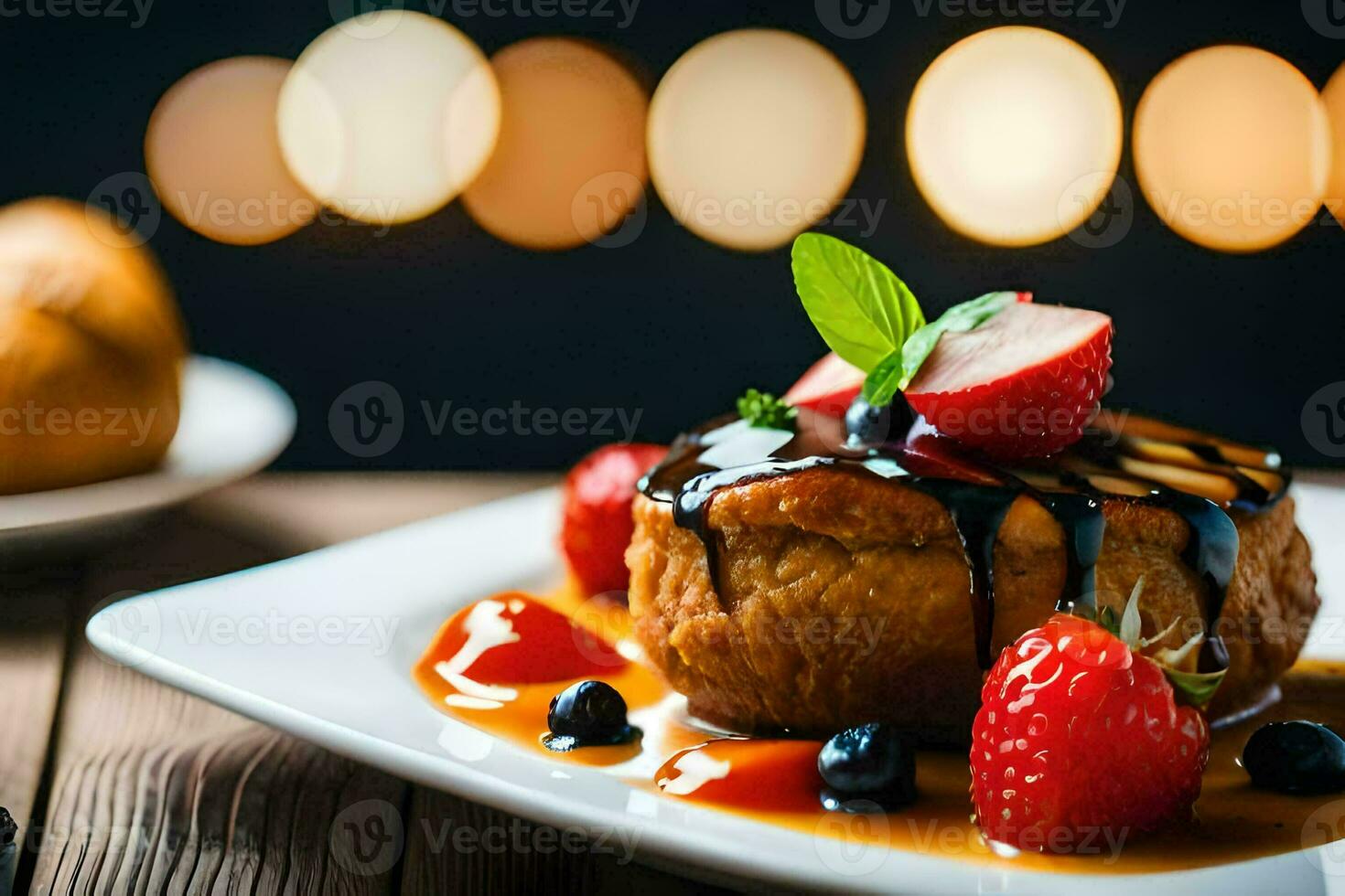 a dessert with strawberries and syrup on a plate. AI-Generated photo