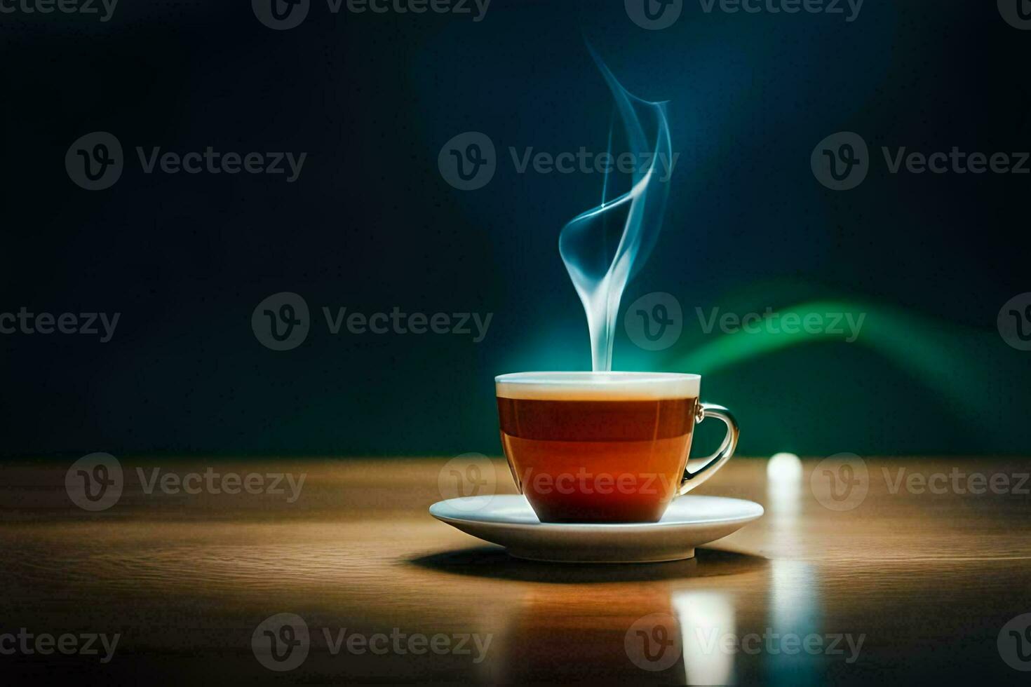 a cup of coffee on a table with smoke coming out of it. AI-Generated photo