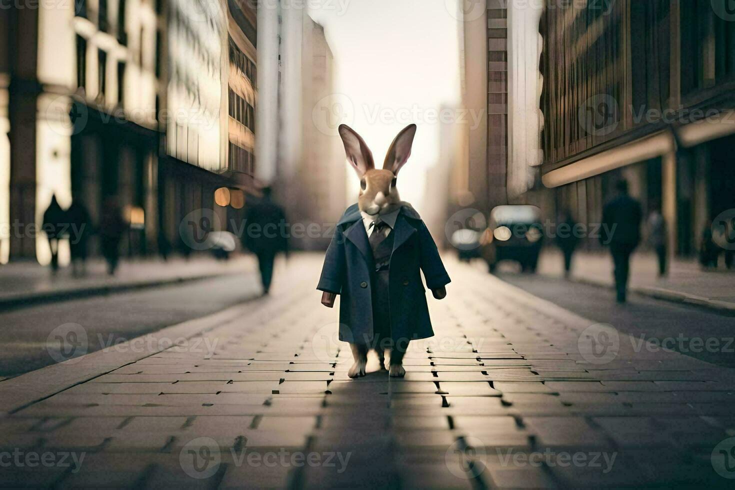 a rabbit wearing a suit and tie walking down a city street. AI-Generated photo