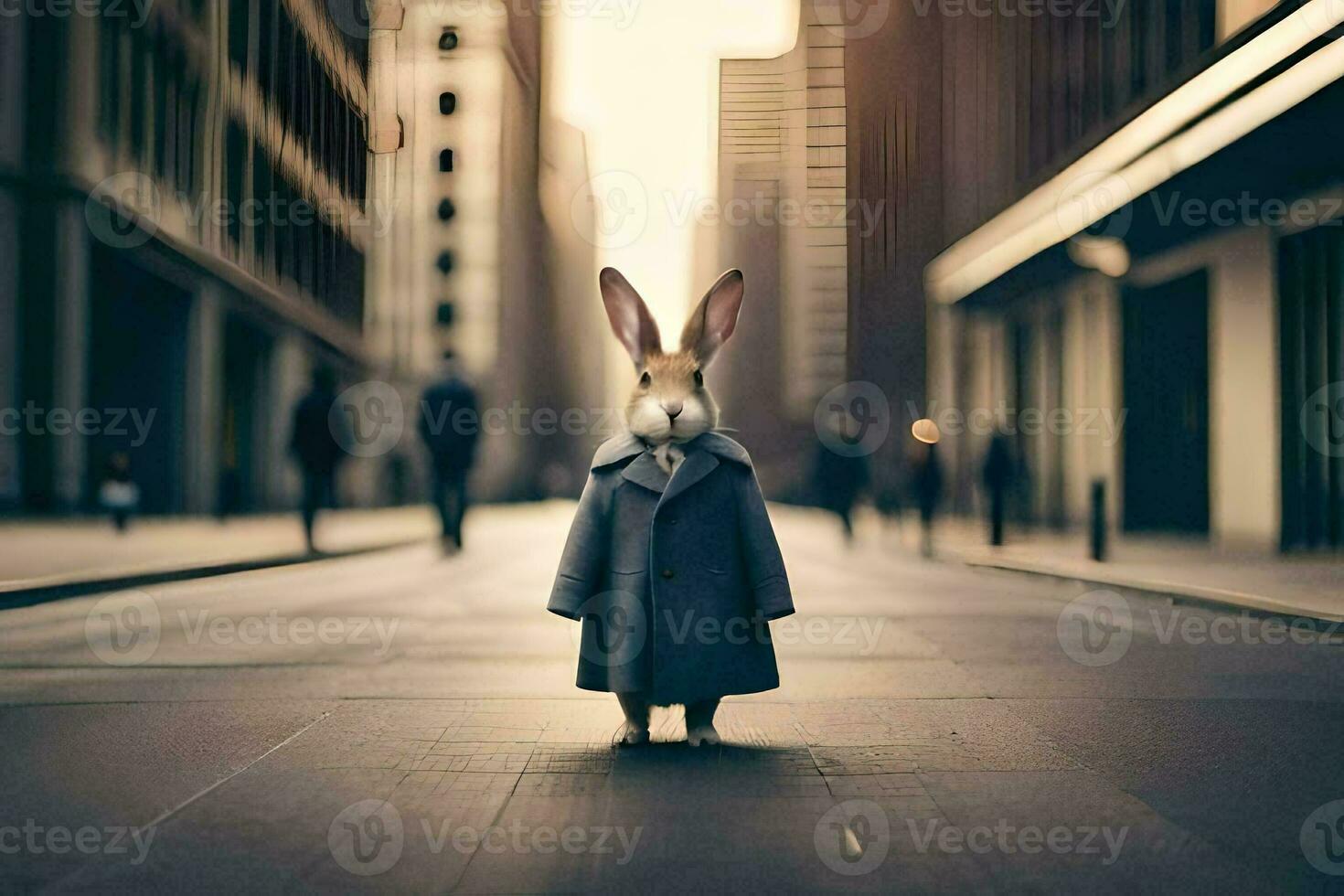 a rabbit in a suit and tie standing in the middle of a city street. AI-Generated photo