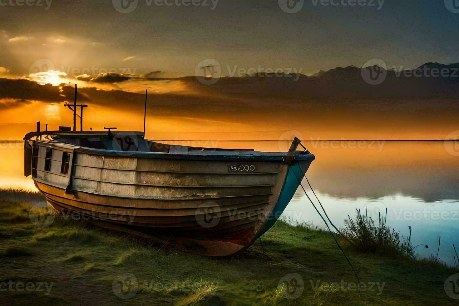 a boat sits on the shore at sunset. AI-Generated photo