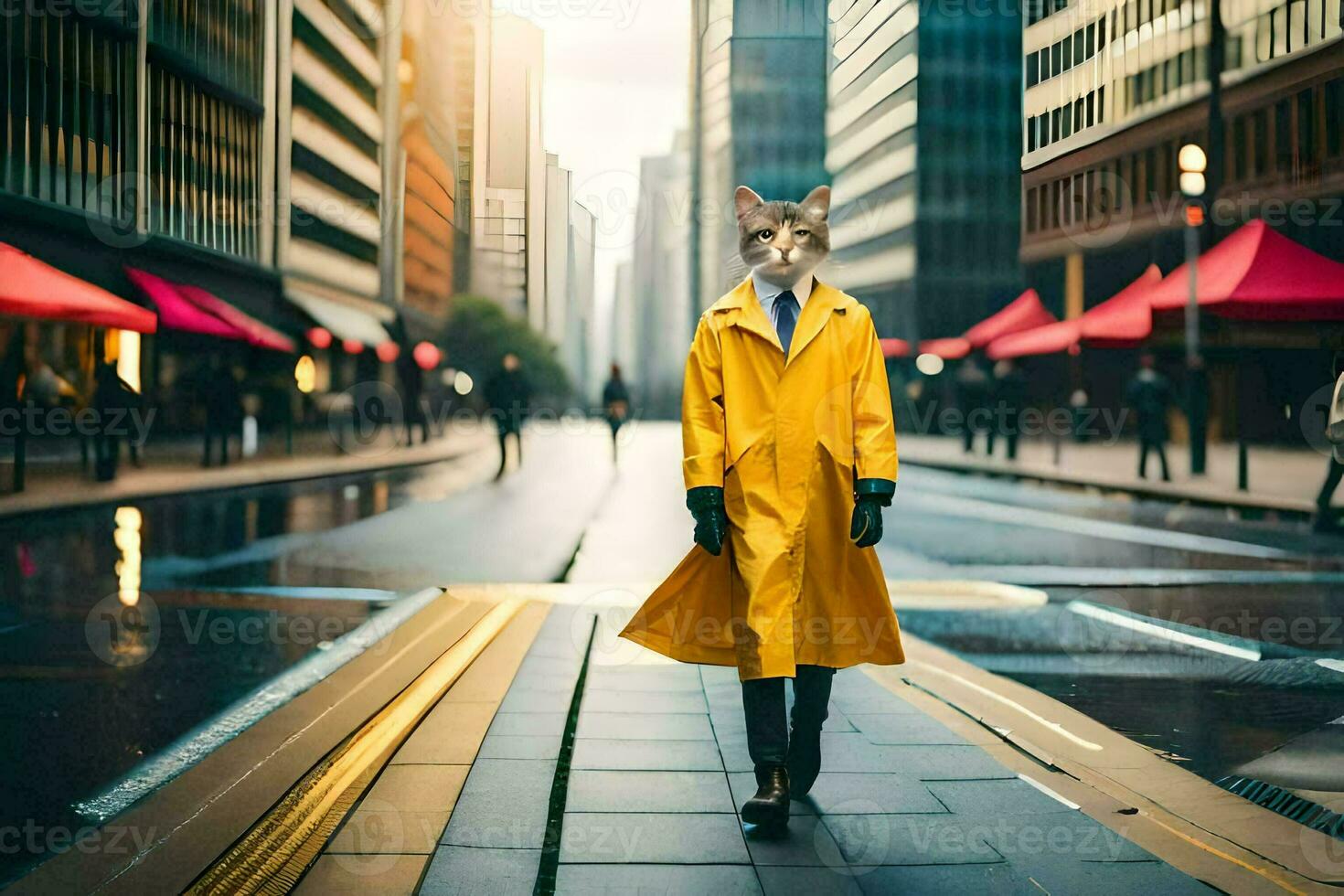 a cat wearing a yellow raincoat and boots on a city street. AI-Generated photo