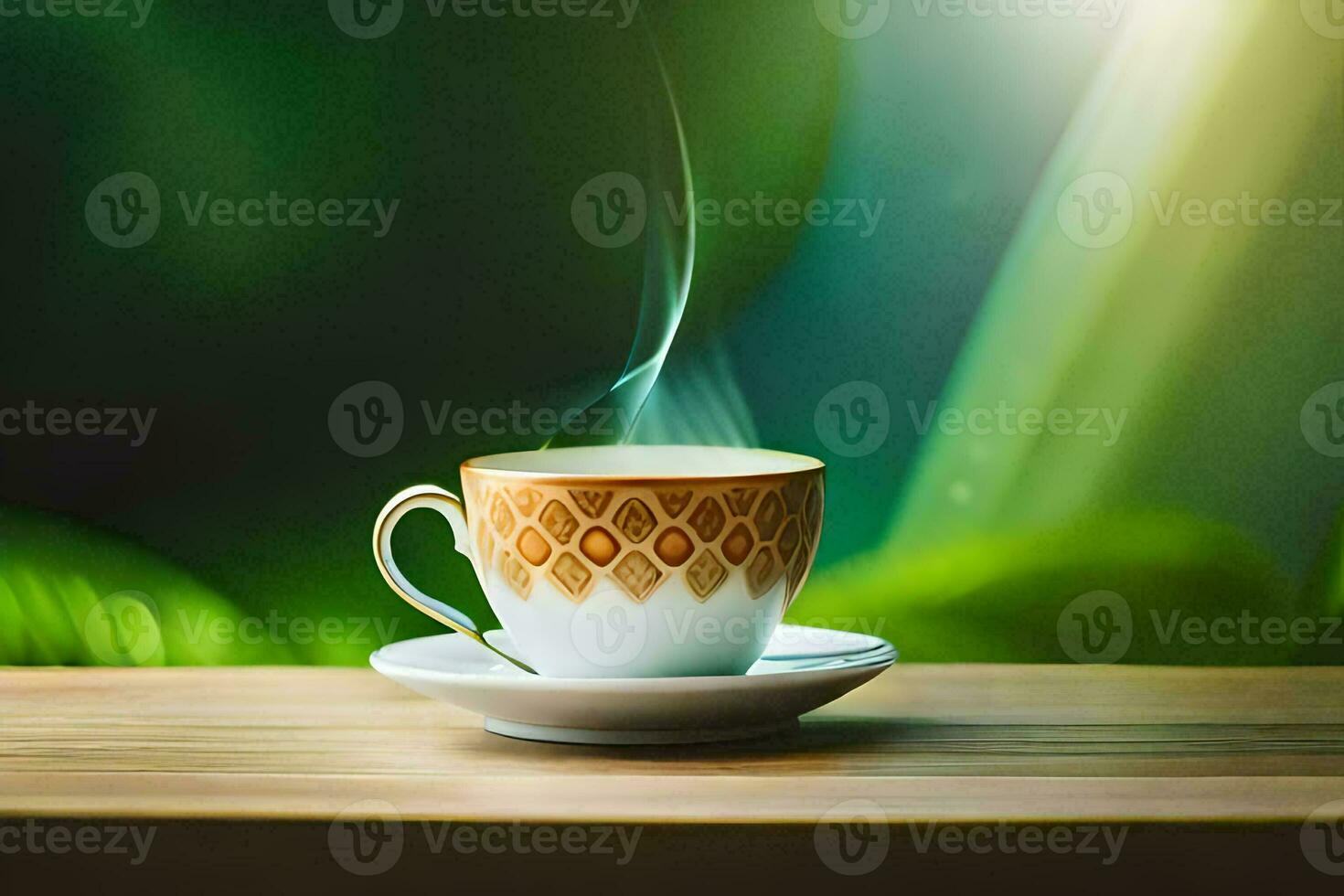 a cup of coffee on a wooden table. AI-Generated photo