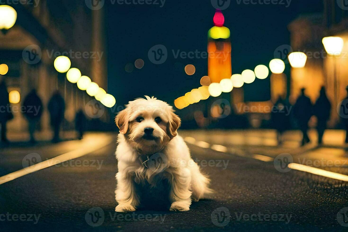 un perro sentado en el calle a noche. generado por ai foto