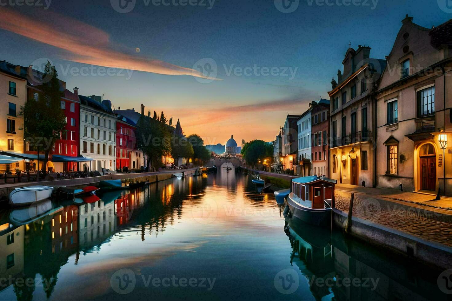 a canal in europe at sunset. AI-Generated photo