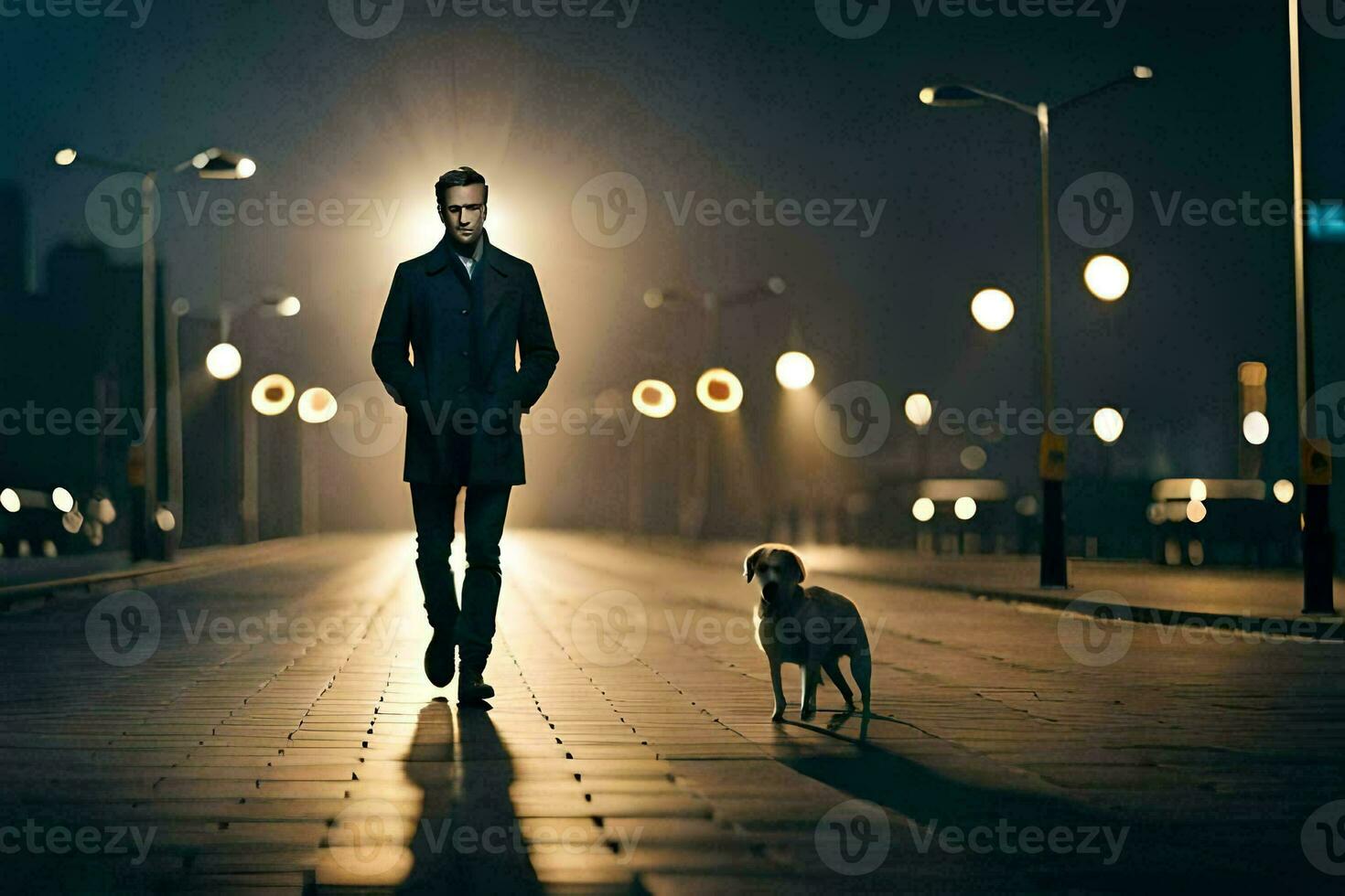 un hombre caminando su perro en el oscuro. generado por ai foto