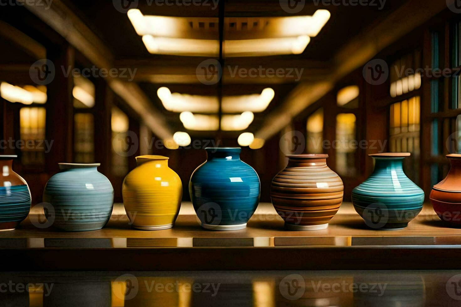 a row of colorful vases sit on a shelf. AI-Generated photo