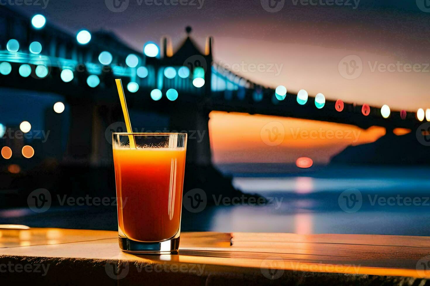 a glass of orange juice with a bridge in the background. AI-Generated photo