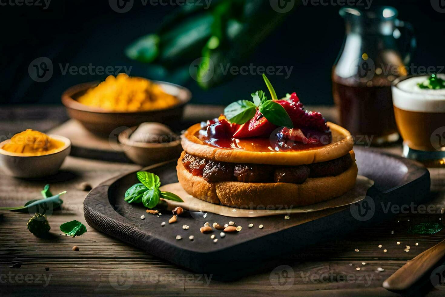 a hamburger with berries and spices on a wooden table. AI-Generated photo