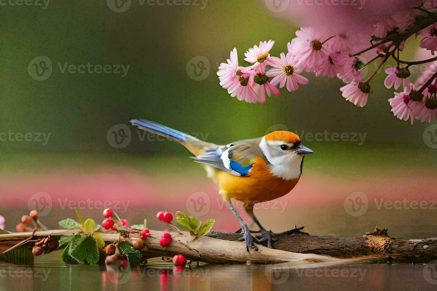 a bird is sitting on a branch near a pond. AI-Generated photo